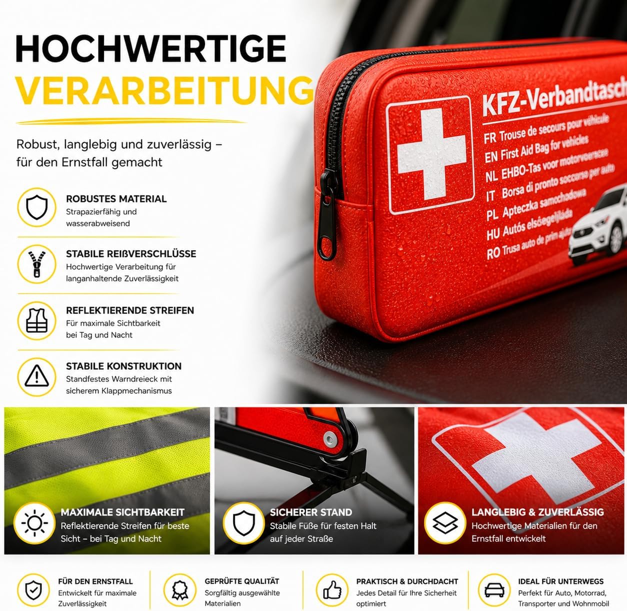 3-in-1-Set Auto-Pannenset geprüft 2026 & Autozubehör – Kfz-Verbandkasten mit Verbandskasten & Warnweste & Warndreieck für die StVO – Bild 3