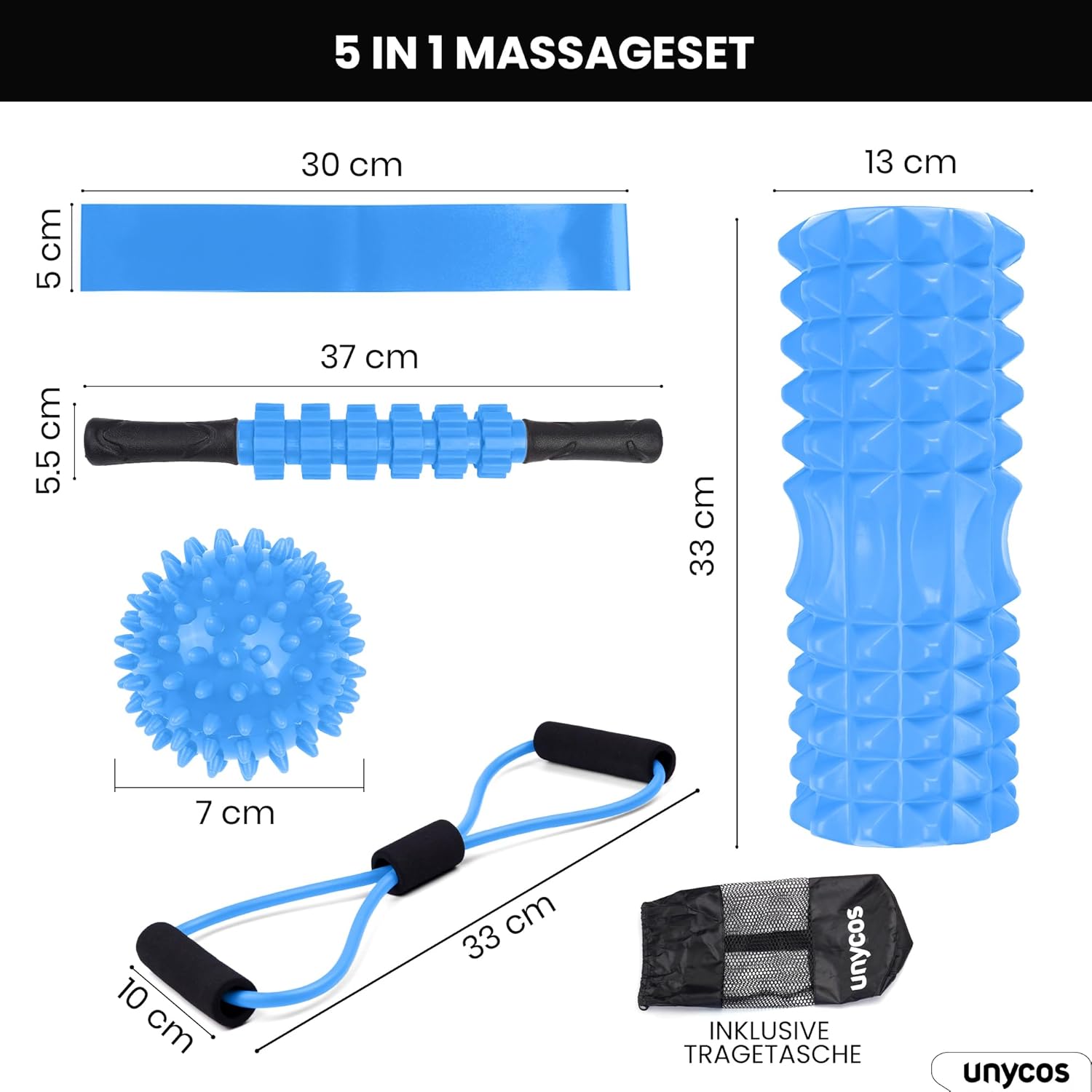 unycos - Faszienrolle 【PP/EVA】5-in-1-Set, Muskelmassagerolle/Schaumstoffrolle, die 120 kg trägt, Fitness-Widerstandsband, Massageball, Rehabilitationsstab, Formseil und Aufbewahrungstasche (blau) – Bild 2