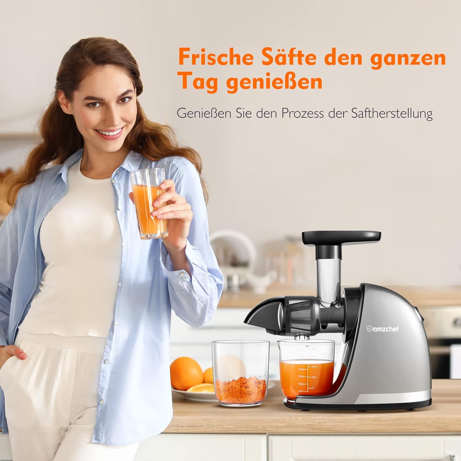 AMZCHEF Slow Juicer Gemüse und Obst, professioneller Entsafter mit leisem Motor & Rückwärtsfunktion & Saftkrug & Reinigungsbürste (150 Watt/Silber) – Bild 2