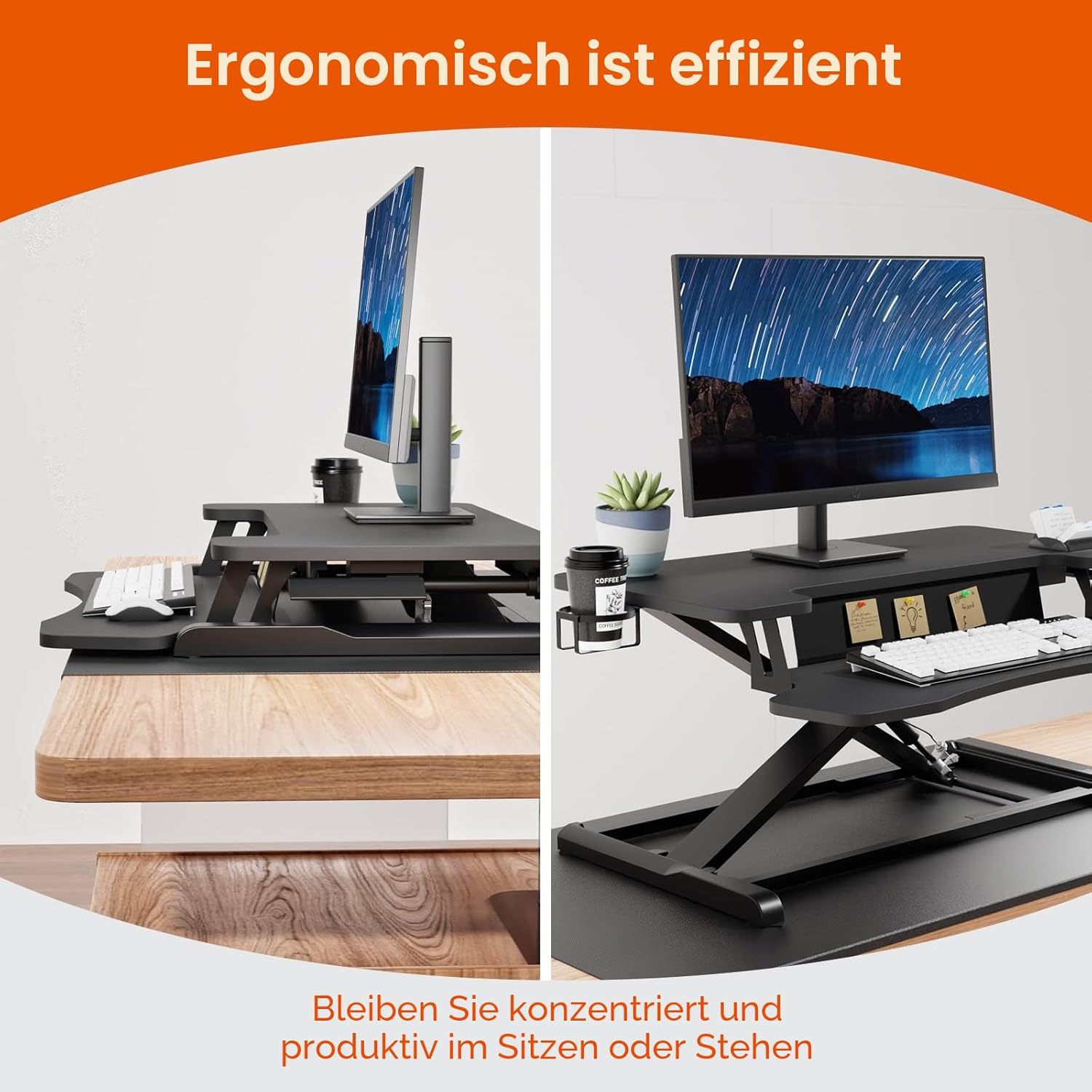 PUTORSEN Stehsitz-Schreibtisch, 32 Zoll Zweistufiger Stehpult-Konverter mit Tastaturablage, höhenverstellbarer Stehpult-Erhöhung mit Getränkehalter und Notiztafel bis 15 kg, Schwarz – Bild 6