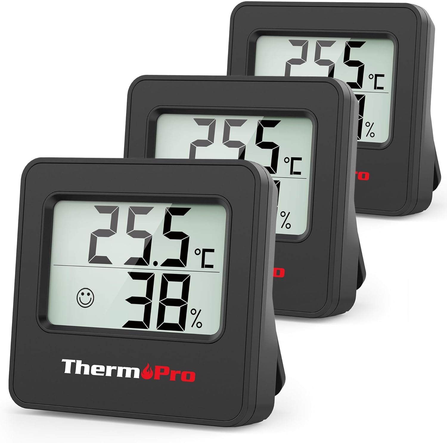 ThermoPro TP157 Mini-Hygrometer-Thermometer für den Innenbereich, 3er-Set, 0,5 °C, präzises Raumthermometer, Luftfeuchtigkeitsmesser mit Smiley-Anzeige, ideal für Wohnzimmer, Büro, Garage oder Gewächshaus, Schwarz