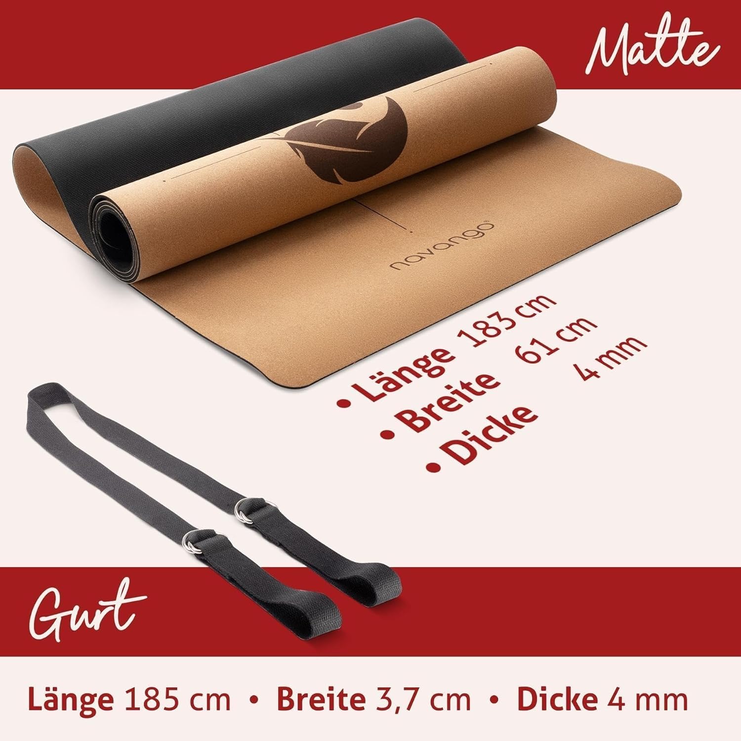 Yogamatte aus Kork | Inklusive Yogagurt | 4 mm dick | Natürliche dünne Yogamatte aus Naturkautschuk und Kork | Mit Hilfslinien | Yogamatte rutschfest und schweißfest | Yoga-Set-Tragegurt – Bild 3