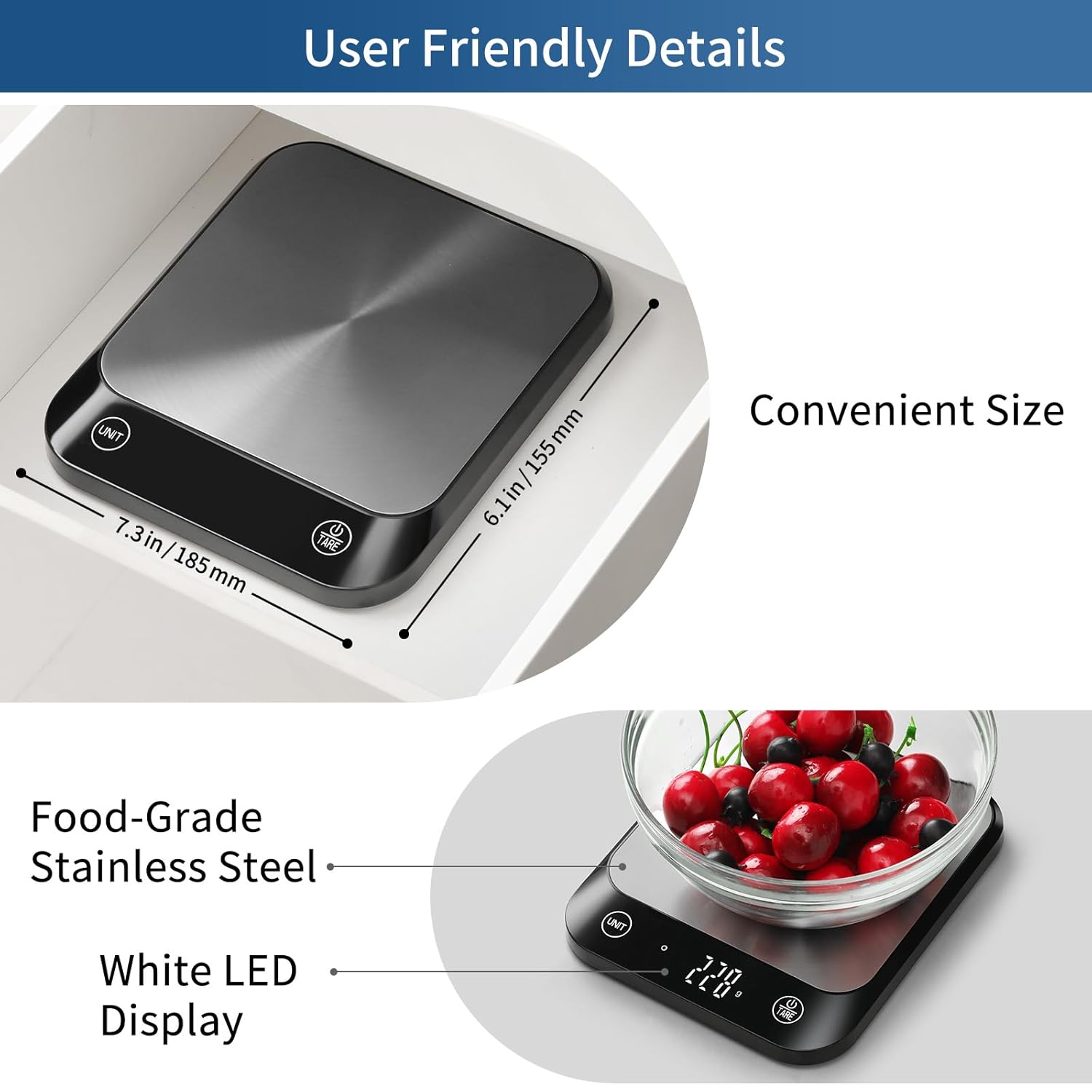Vitafit 10 kg digitale Küchenwaage mit LED-Anzeige und Tara-Funktion, Fokuswaage seit 2001, digitale Waage mit Flüssigkeitsmessung, hohe Präzision bis 1 g, schwarz – Bild 5