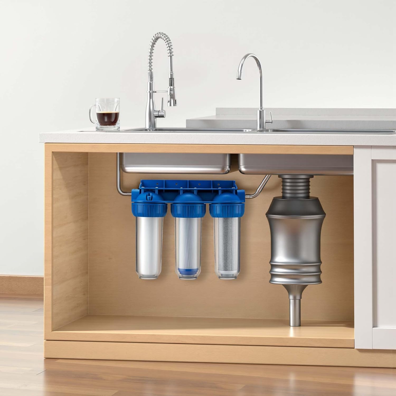 Naturewater NW-BR10B4 3-Stufen-Wasserfilter, 5 µ, 20,67 mm (1/2 Zoll), Durchmesser 60 mm PP-Kartusche, Filterwandhalterung, Filterschlüssel, Sedimentfilter, Aktivkohleblock, Aktivkohlegranulat – Bild 2