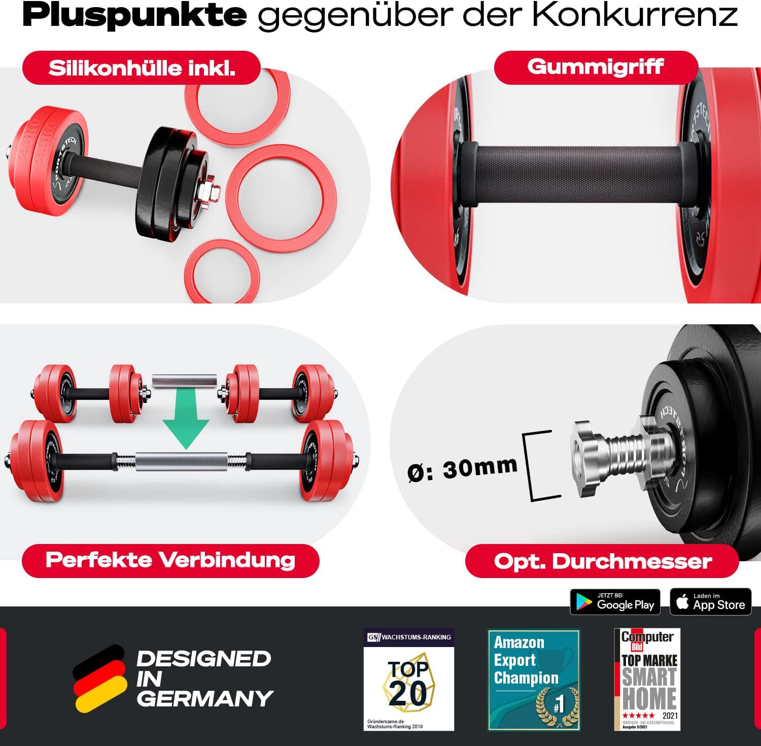 Sportstech 2-in-1 Hantelset mit Silikonhülle, deutsche Qualitätsmarke, Hanteln und Langhantel in einem, Hanteln mit 20 kg / 30 kg aus Gusseisen, effektives Fitness-Krafttraining, AH300, – Bild 4