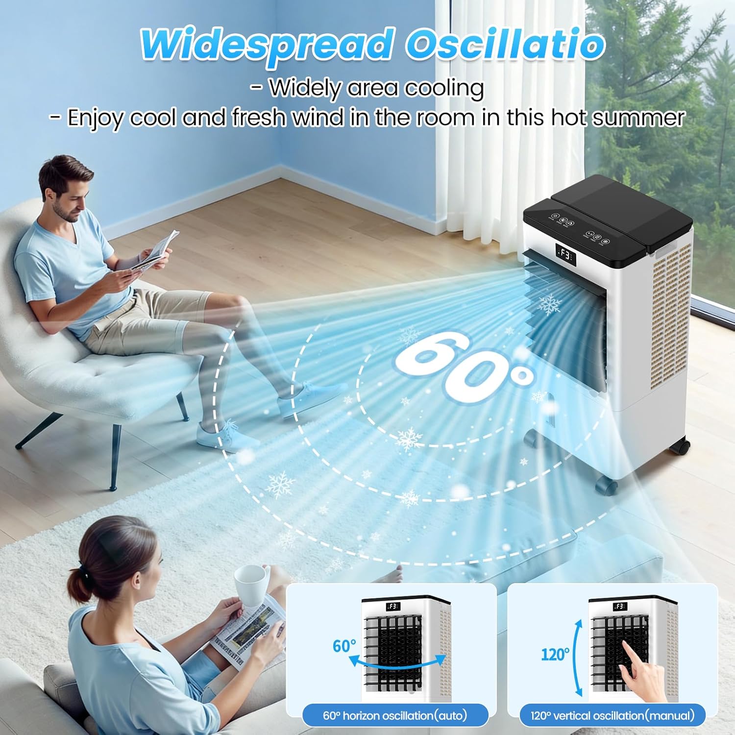 Klimaanlage Mobile, Klimagerät Tragbarer Luftkühler Luftbefeuchter Verdunstungslüfter mit 8L Wassertank, 12H Timer, 4 Modus, 60W Energiesparende Wasserkühlung Klimaanlage für Zuhause Büro (Groß) – Bild 6
