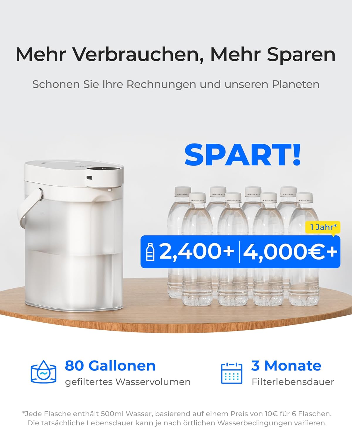 Waterdrop WD-ED11W wiederaufladbarer elektrischer Wasserfilterkrug, 3,5 l Wasserenthärter, Kalkfilter, 3 Monate haltbar, sofortiger Wasserfilterspender, reduziert Kalzium, Magnesium und 70 Schadstoffe – Bild 6