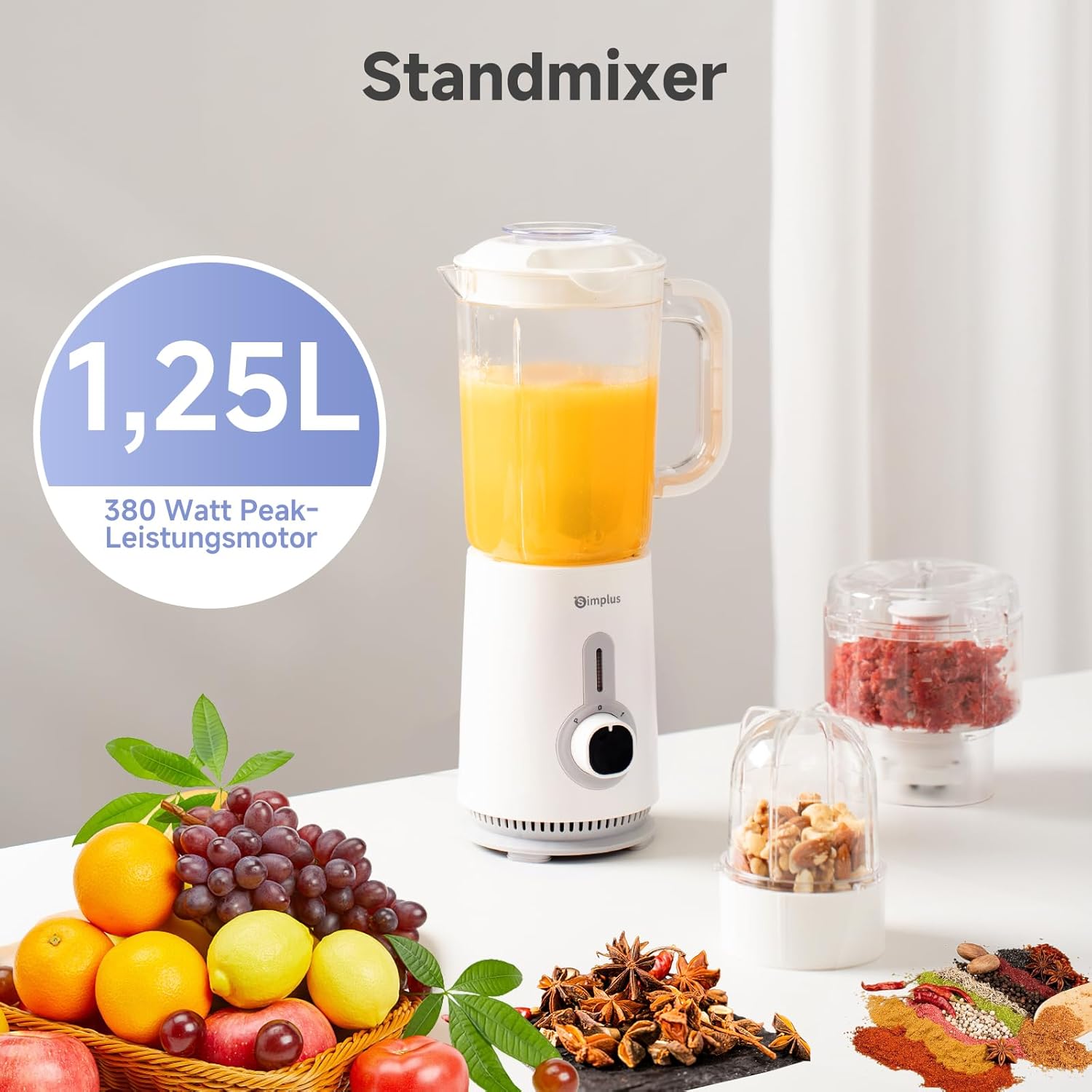 SIMPLUS 3-in-1-Standmixer & Smoothie-Maker mit 1,25-l-Rührbecher, 500-ml-Fleischwolf und 300-ml-Mahlbecher, 3 Geschwindigkeitsstufen mit Pulse-Funktion, Edelstahlmesser – Bild 3