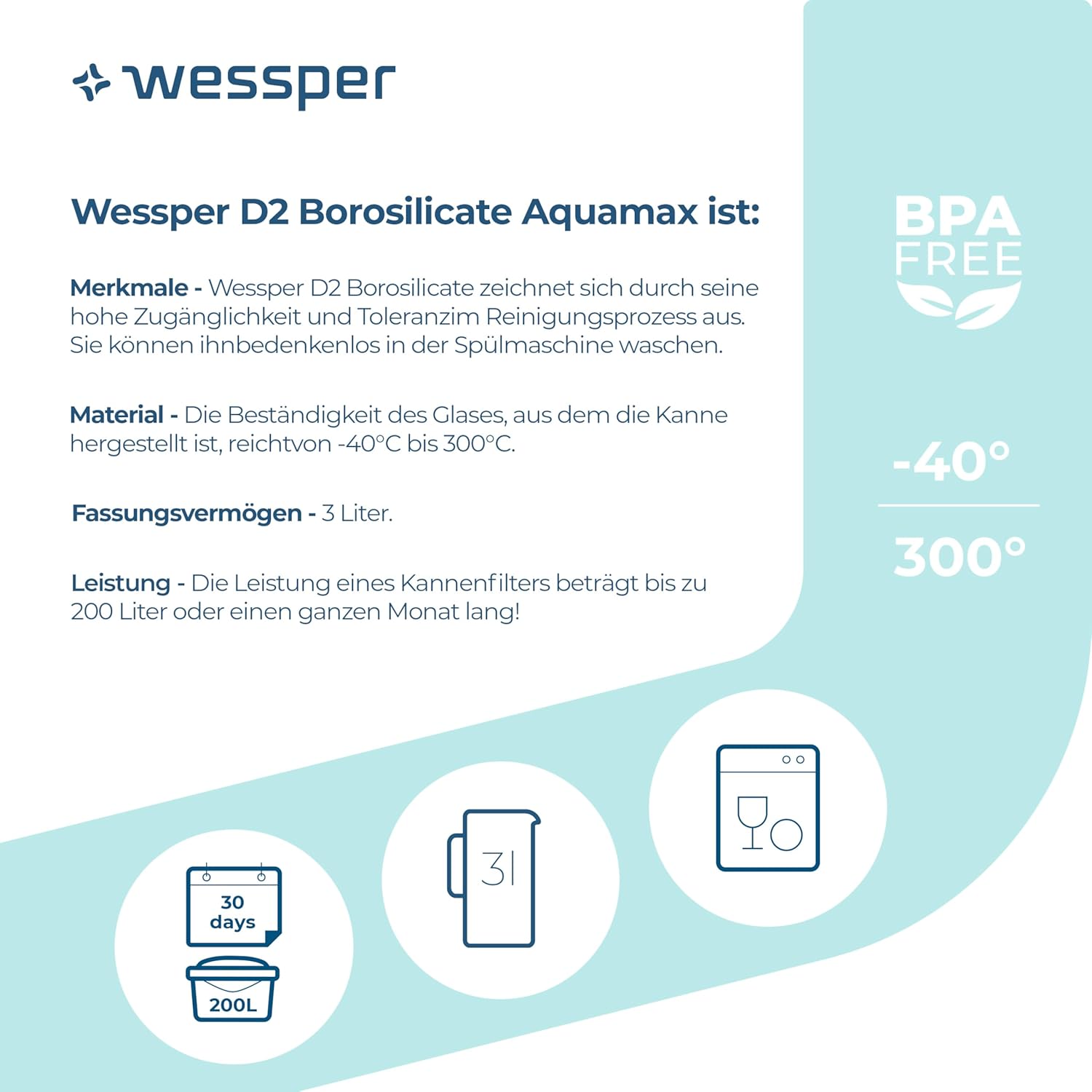 Wessper Wasserfilterkrug Glas 3 L, Set Wasserkrug und 2 Filterkartuschen, kompatibel mit Brita Maxtra, Wasserkaraffe für Trinkwasser mit Ersatzfilter – Mint – Bild 4