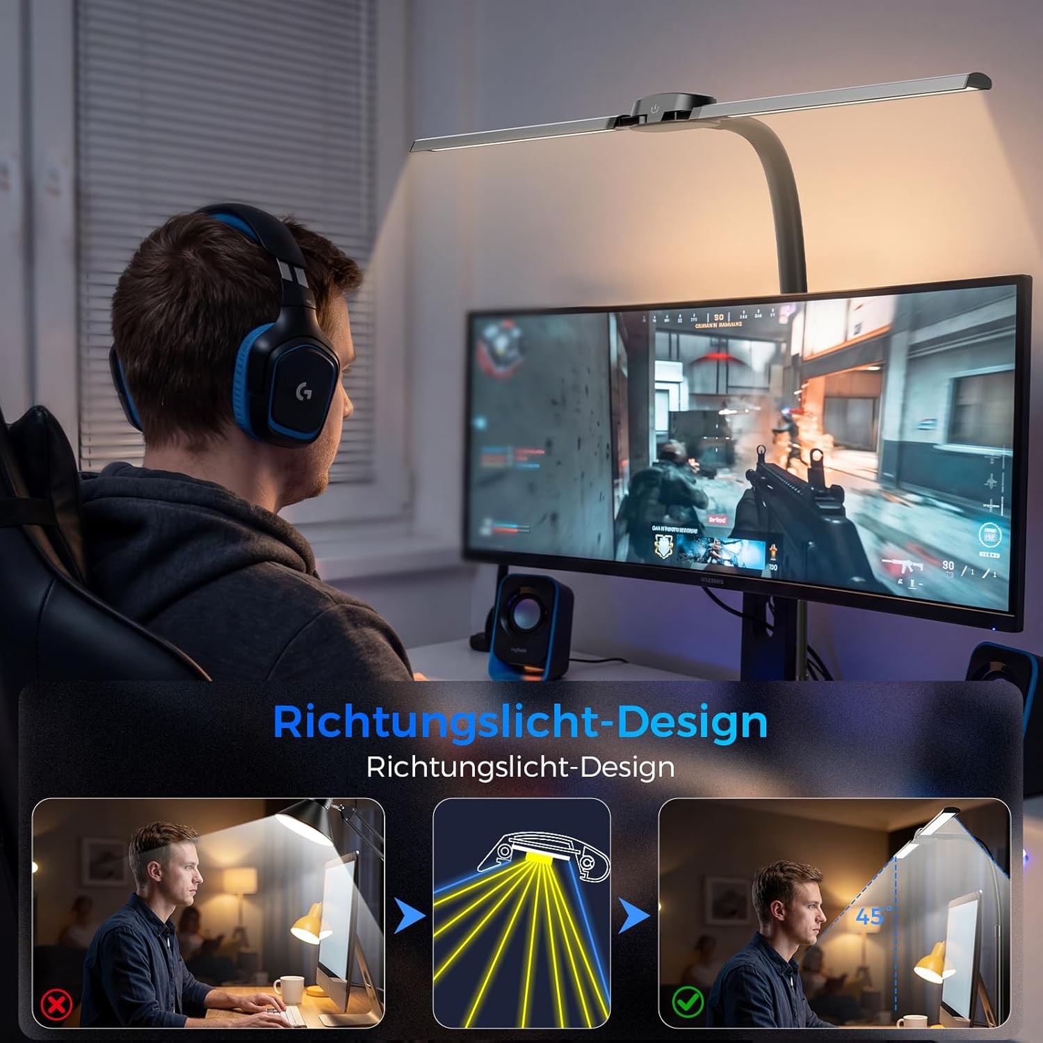 Schreibtischlampe LED Dimmbar - 1400LM 24W Doppelkopf Klemmbar Büroschreibtischlampe mit Fernbedienung, 80CM Schwanenhals Schreibtisch Lampe Tageslichtlampe mit Ladefunktion, Schwarz T01 – Bild 4