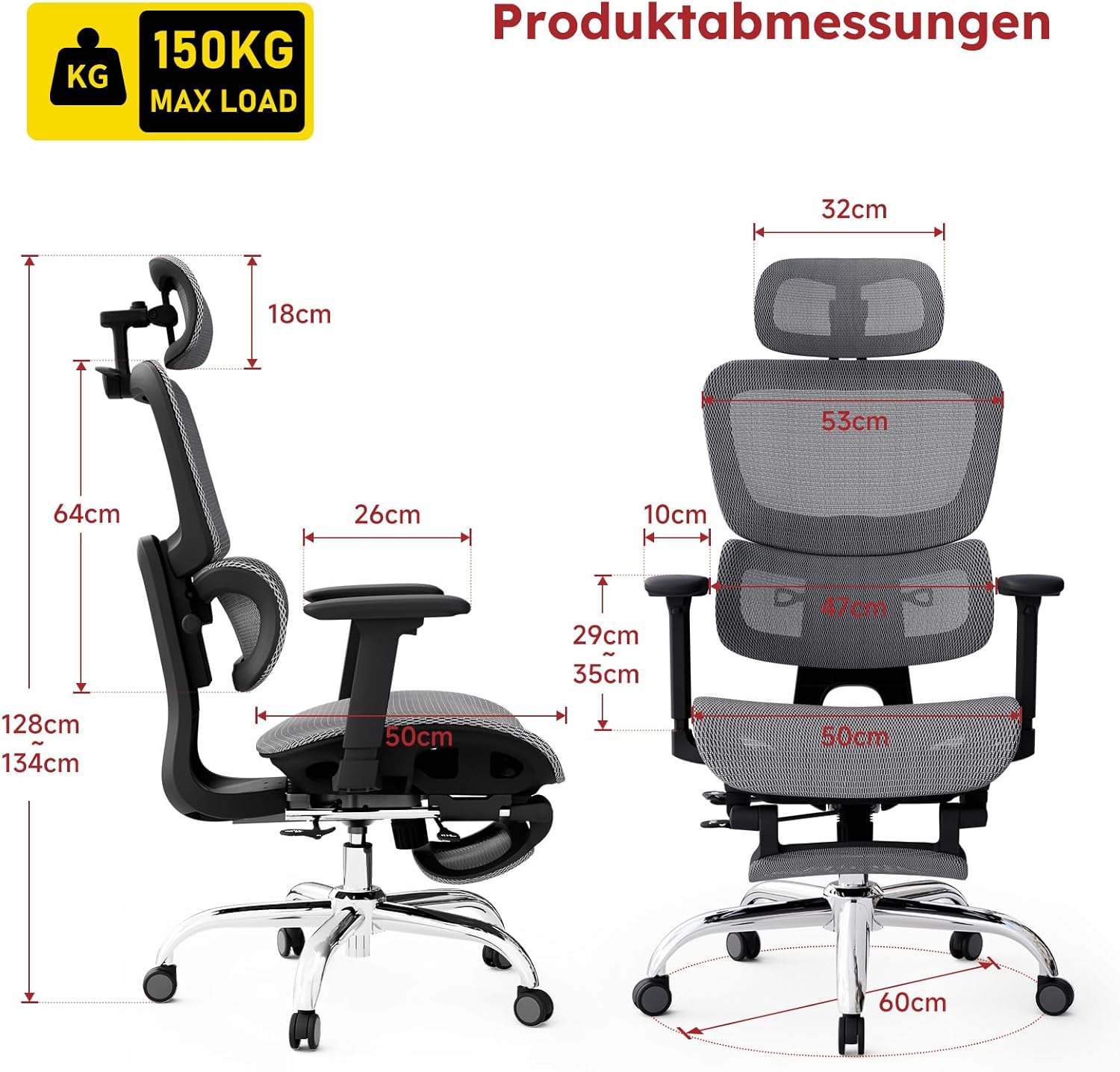 Ergonomischer Bürostuhl aus Vollnetz mit abnehmbarem Kissen, Fußstütze, höhenverstellbarer Rückenlehne, Kopfstütze und Armlehnen, selbsteinstellender Lordosenstütze, PU-Rädern, 360° drehbar, 150 kg, Dunkelgrau – Bild 2
