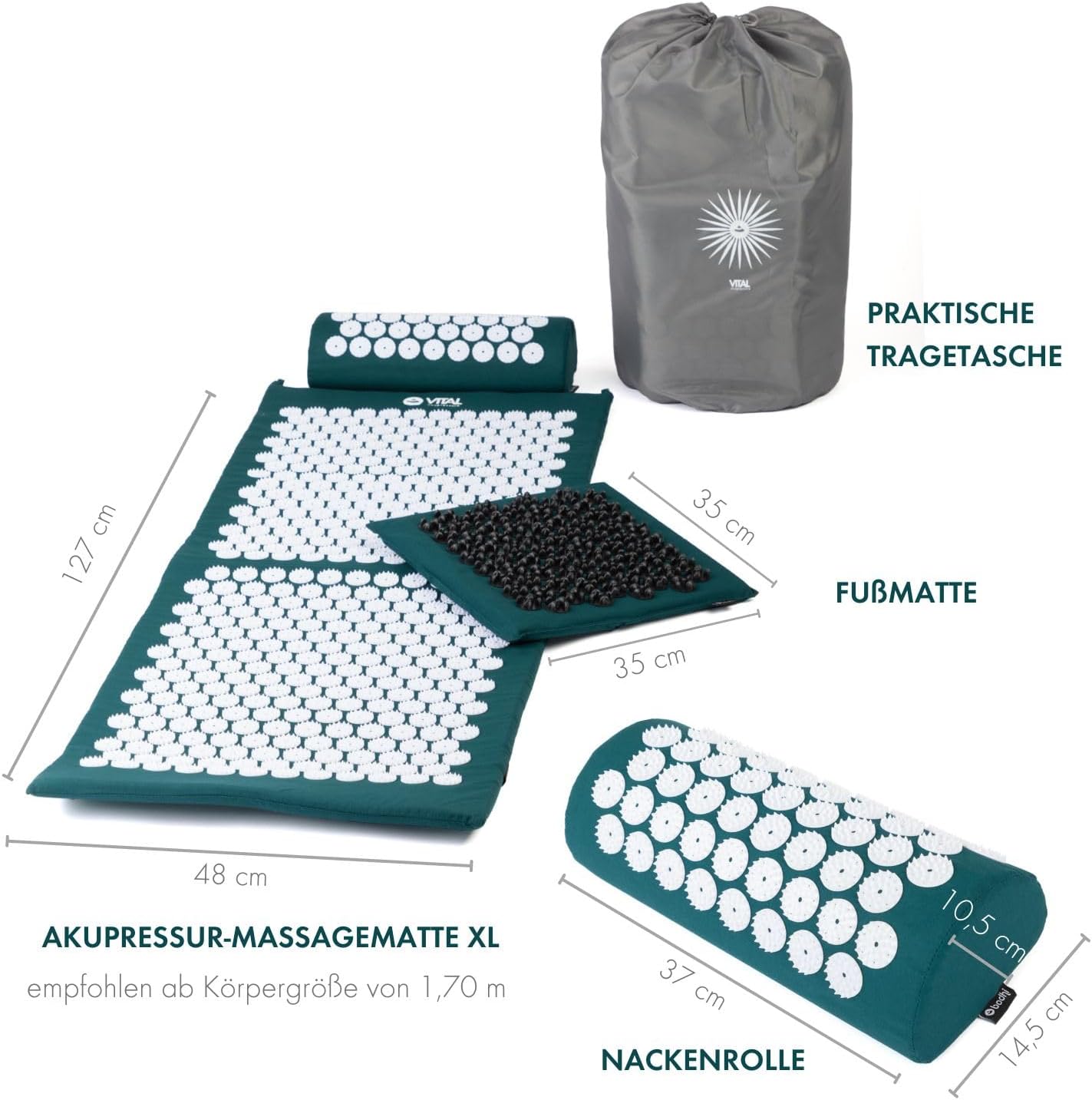 Bodhi VITAL Akupressurmatte XL Deluxe Set Soft | Fakirmatte im Set mit Nadelkissen, Fußmatte & Tasche | Selbstmassage für Zuhause | Massagematte gegen Nacken- und Rückenschmerzen | Petrolblau – Bild 3