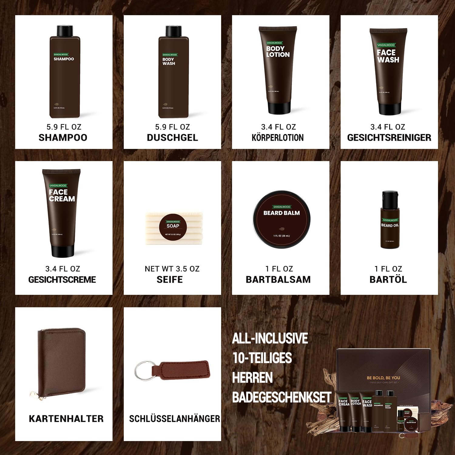 BODY & EARTH Geschenke für Männer – Sandalwood Männerpflege-Geschenkset, 10-teiliges Pflegeset mit Bartöl, Balsam, Shampoo & Accessoires, Geburtstagsgeschenk für Männer, Vatertagsgeschenk – Bild 2