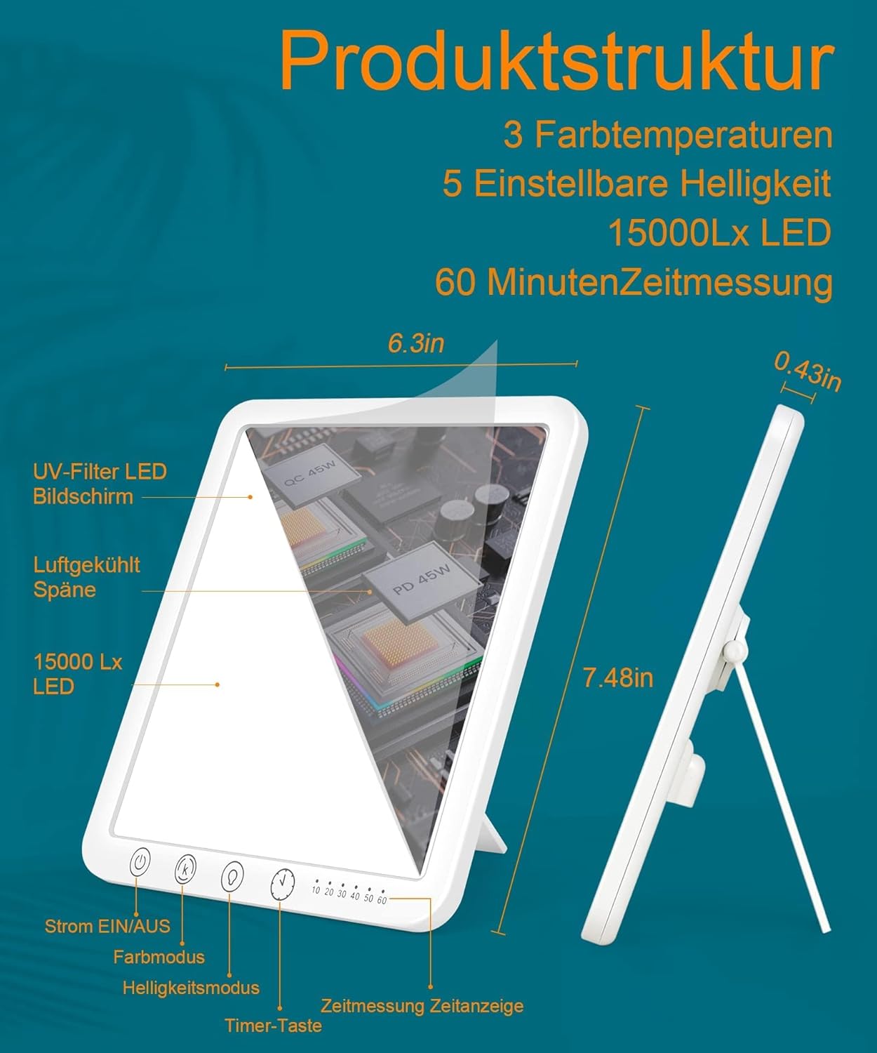 Sotipevs Tageslichtlampe 15000 Lux, UV-freie LED-Lichttherapielampe, Tageslicht-LED-Tageslichtlampe, Touch-Control-Sonnenlichtlampe, Vollspektrumlampe für Zuhause/Büro – Bild 2