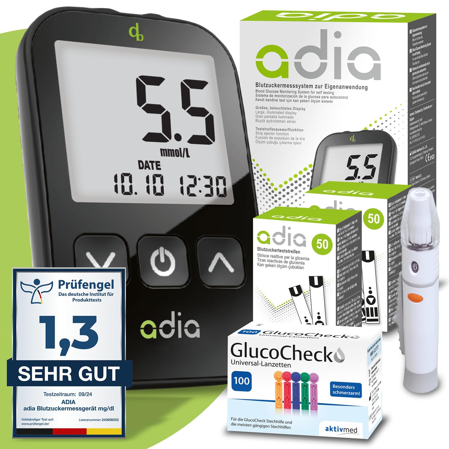 Maxi Value Set adia Blutzuckermessgerät (mmol/L, internationale Einheit) + 110 Blutzuckerteststreifen, 110 Lanzetten, Stechhilfe & Etui – zur Blutzucker-Selbstkontrolle bei Diabetes