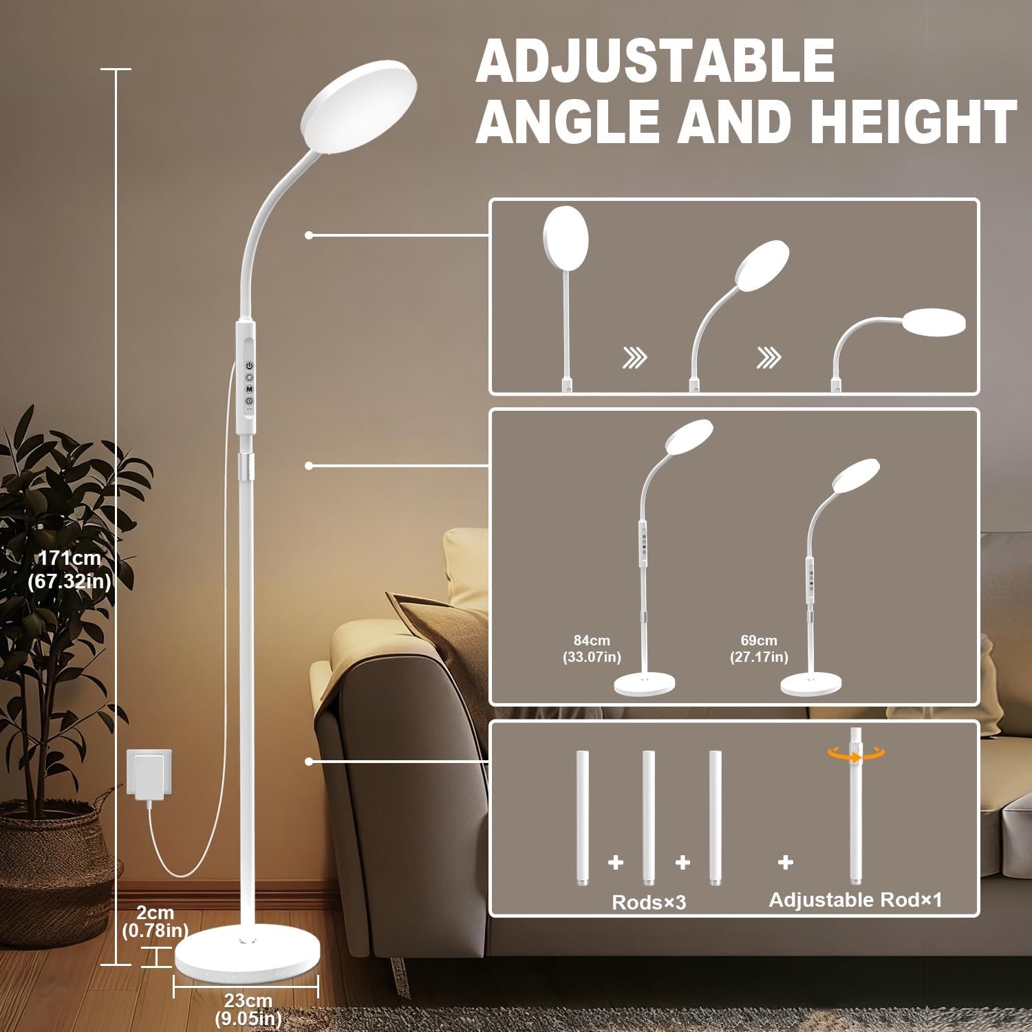 Stehleuchte 20000 Lux Stehlampe & Schreibtischlampe – Höhenverstellbare LED-Lichttherapielampe mit 5 Farben & 10 Stufen, Timer und stabilem Sockel – Tageslichtlampe für Wohnzimmer, Schlafzimmer – Bild 2