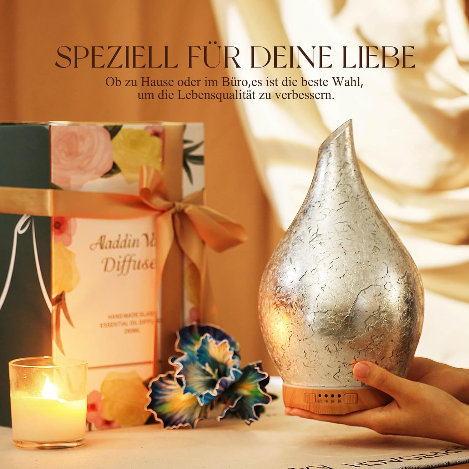 Porseme Aromadiffusor 280 ml, Luftbefeuchter aus mundgeblasenem Glas, Ultraschall-Aromatherapie-Öldiffusor mit 7 farbigen LED-Lichtern, Diffusor für ätherische Öle mit Timer, BPA-frei für Zuhause (Silberplatte) – Bild 6