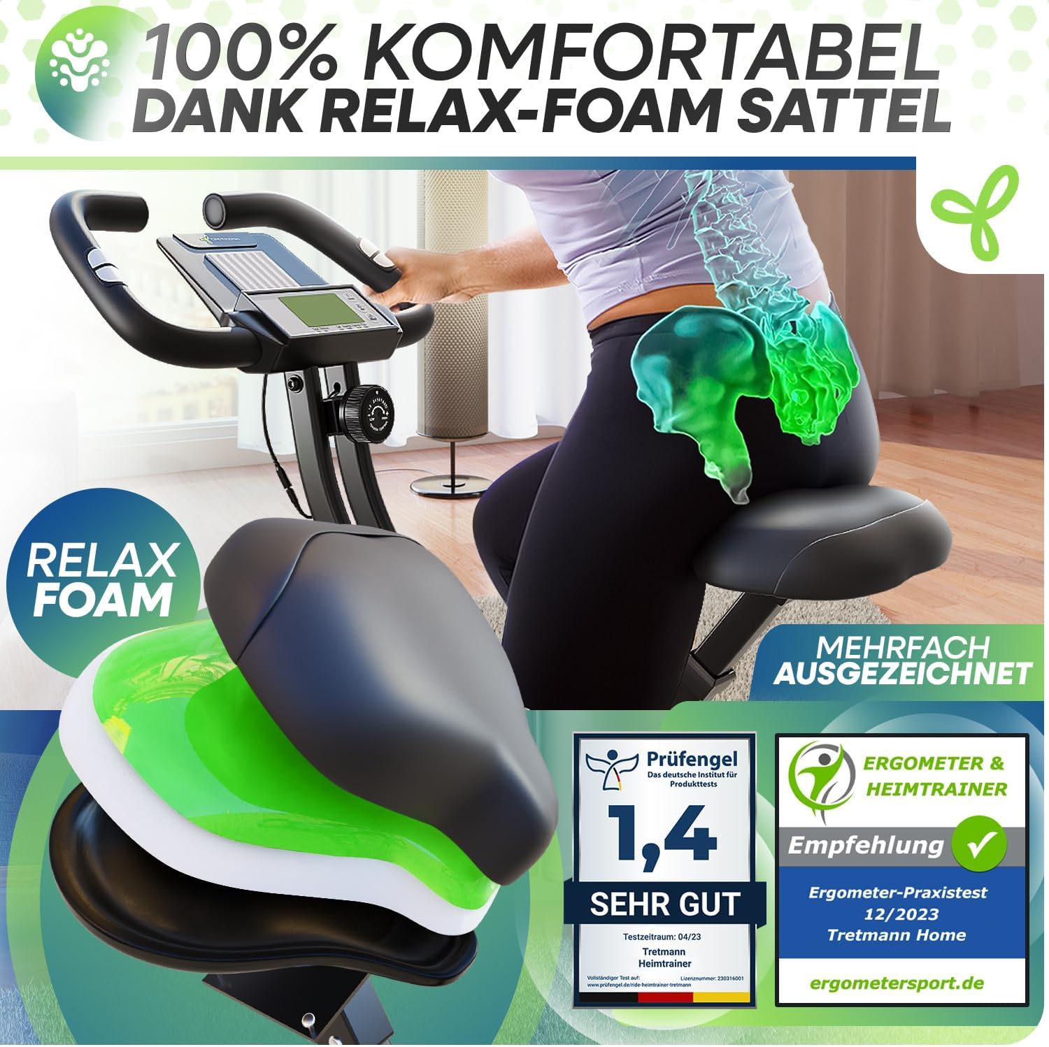 Tretmann Heimtrainer Fahrrad Klappset extra bequem & leise RelaxFoam bis 150 kg belastbar Ergometer, Heimtrainer, Ergometer Heimtrainer Senioren, Fitnessbikes – Bild 2
