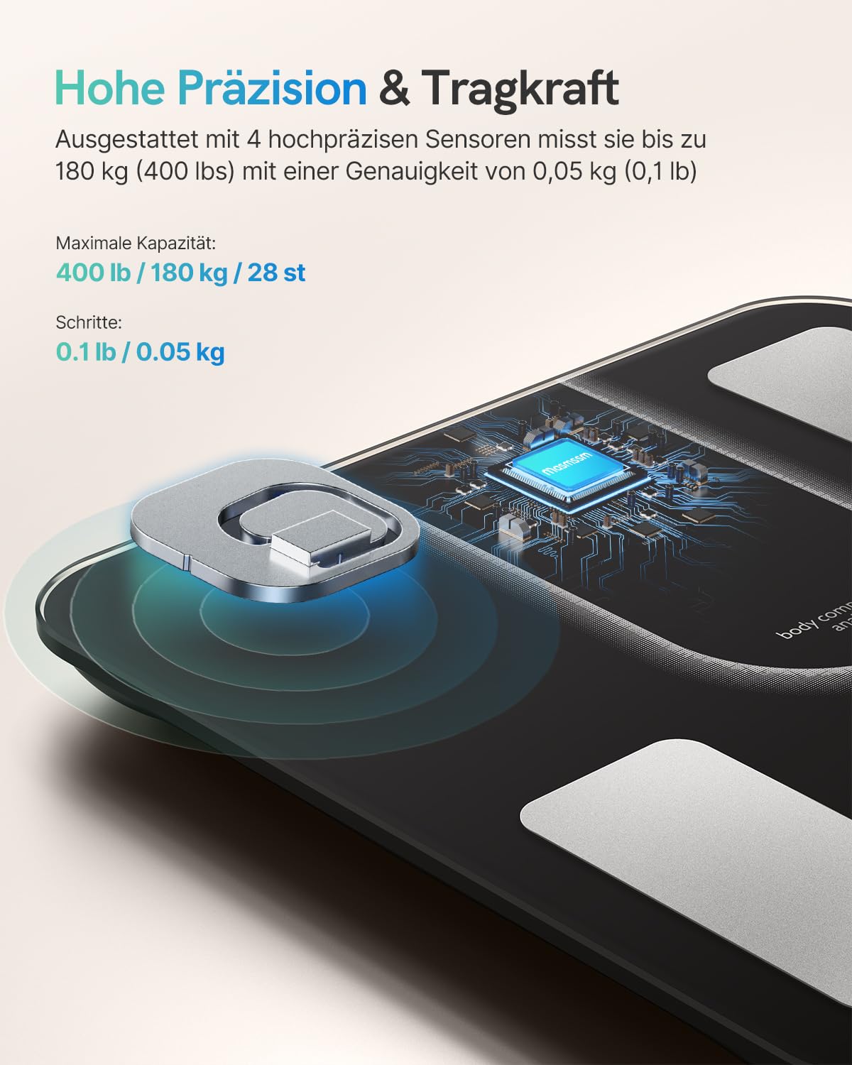 Personenwaage Körperfettwaage Bluetooth Körperanalysewaage mit VA-Anzeige, 22 Körperwerte, Herzfrequenz, BMI, Körperfett & Muskelmasse, kompatibel mit iOS/Android, max. 180 kg – Bild 5