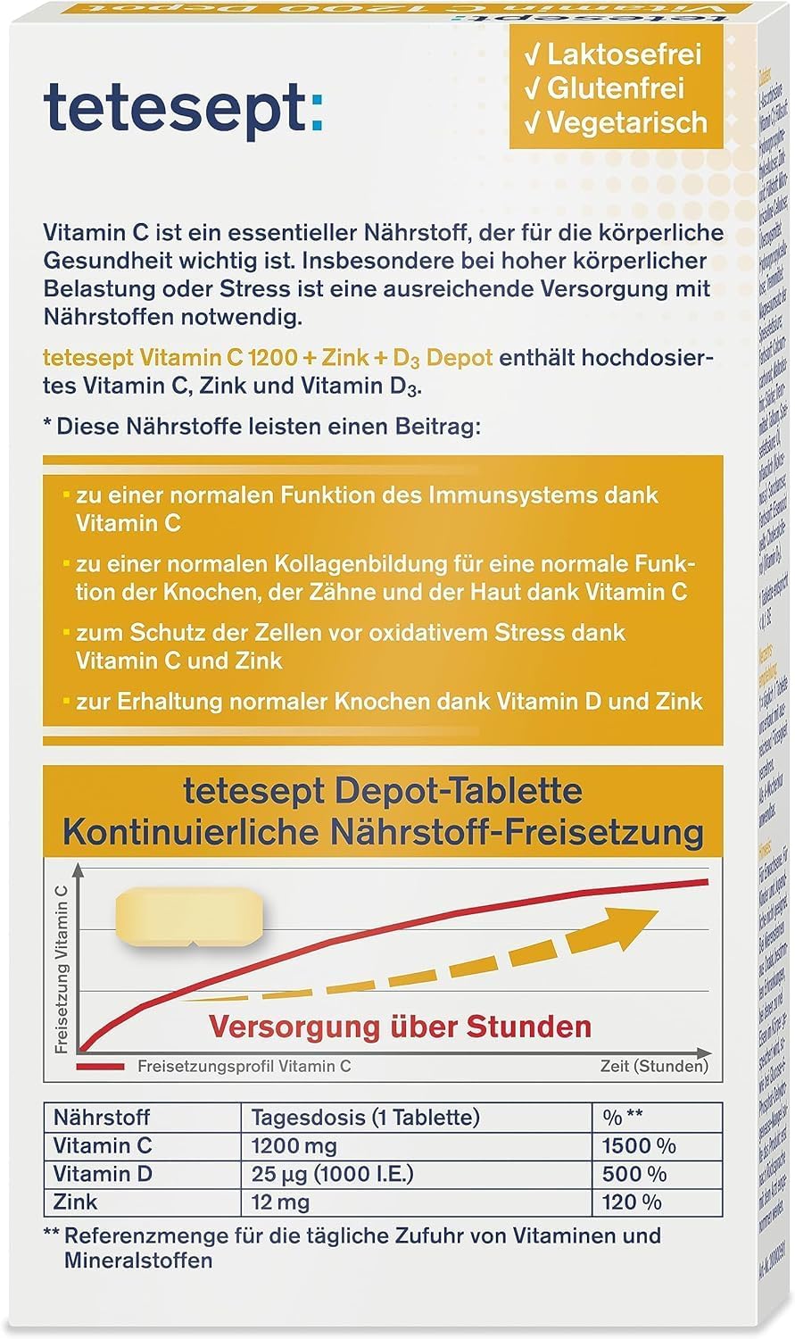 tetesept Vitamin C 1200 + Zink + D3 – Nahrungsergänzungsmittel mit Vitamin C, D3 und Zink zur Unterstützung des Immunsystems, des Zellschutzes und der Knochen – 5 x 30 Vitamintabletten – Bild 4
