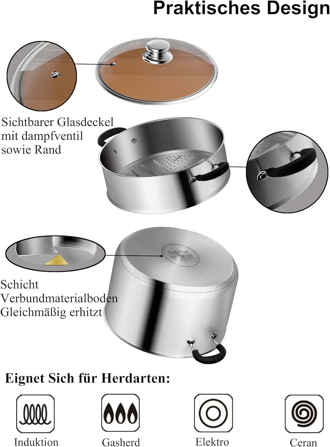 VENTION Dampfgartopf 18 cm, Couscous-Topf Induktion 2,5 L, Kartoffeldämpfer Kleiner Dampfgarer aus Edelstahl – Bild 5