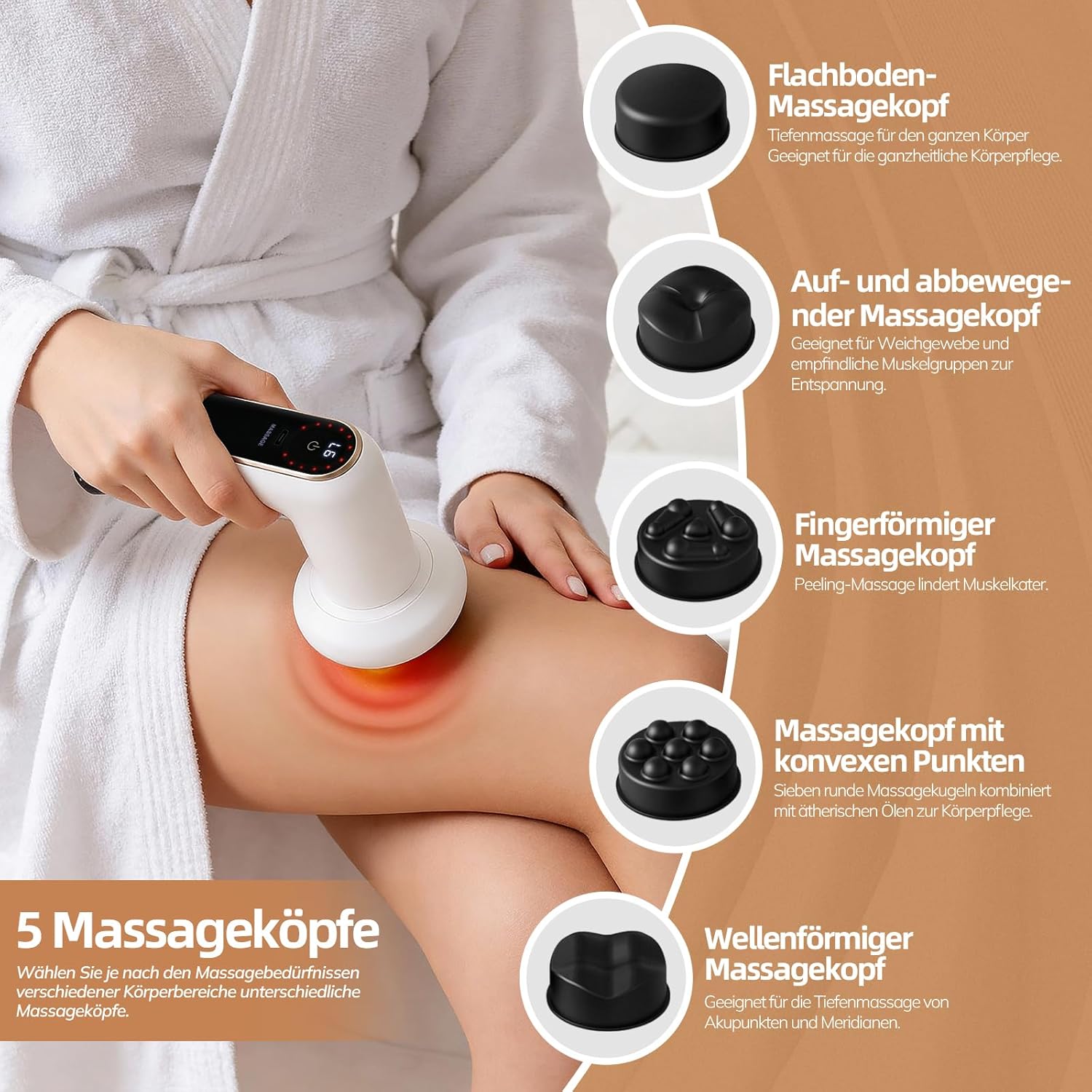 Anti-Cellulite-Massagegerät, elektrisches Lymphdrainagegerät, Handmassagegerät mit Heizung, 5 Massageköpfe, 6 Intensitätsstufen und 3 Modi für Hautstraffung, Durchblutung und Muskelentspannung – Bild 5