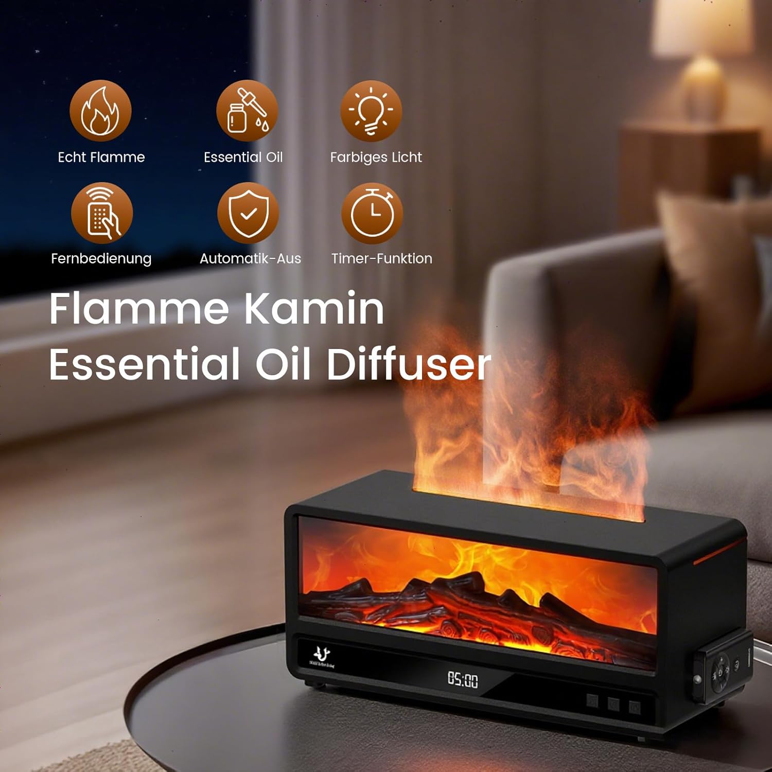 Luftbefeuchter, 250 ml Flammen-Kamin-Aroma-Diffusor, 7 Farben Aromatherapie-Diffusor mit magnetischer Fernbedienung & Timer & automatischer Abschaltung, Ultraschall-Luftbefeuchter für Schlafzimmer (schwarz) – Bild 2