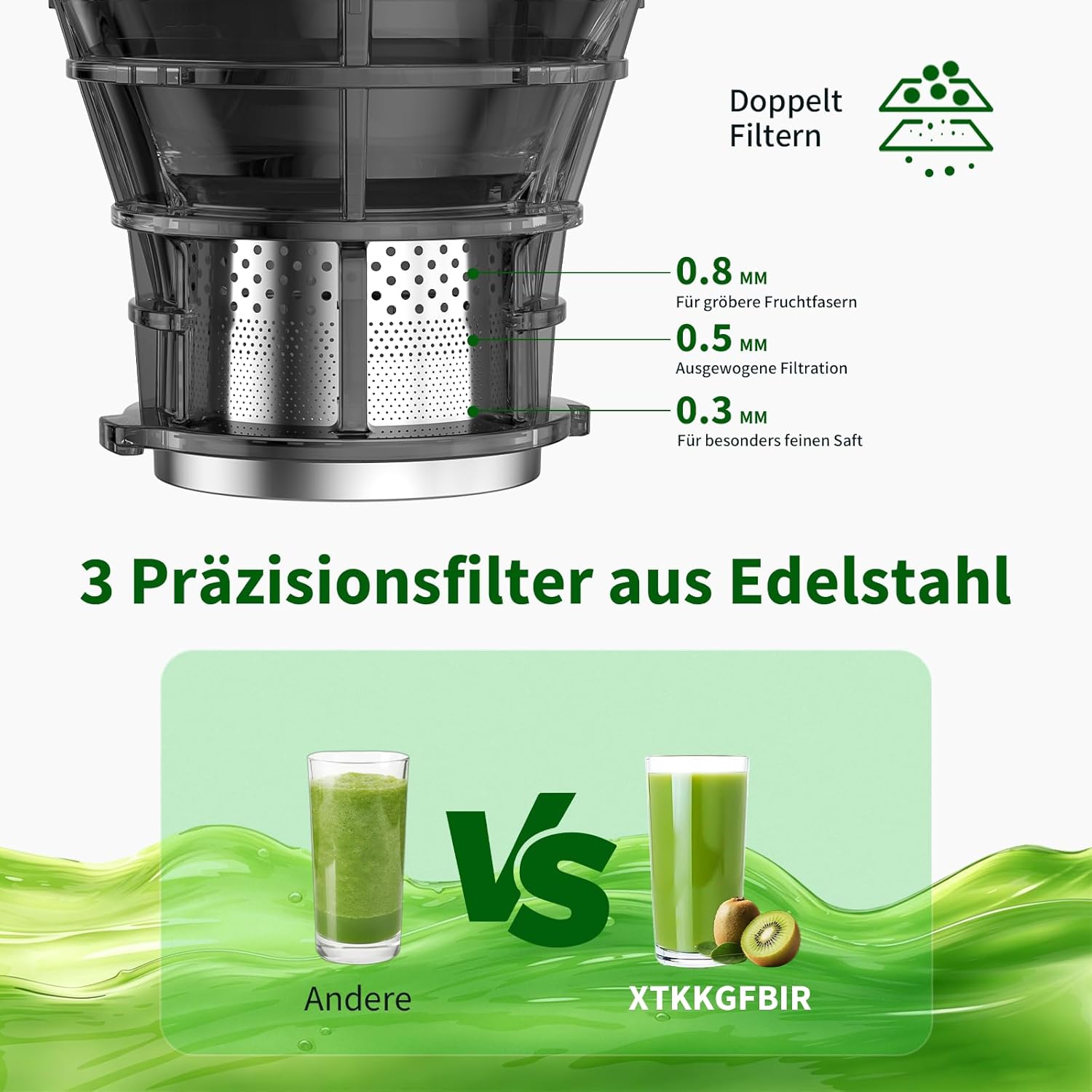 Slow Juicer 400 W, 152 mm extra großer Einfüllschacht für ganze Früchte und Gemüse, hohe Saftausbeute, 3-in-1-Sieb (Saft, Sorbet, Nussmilch), BPA-frei, spülmaschinenfest, 1,8 l – Bild 5