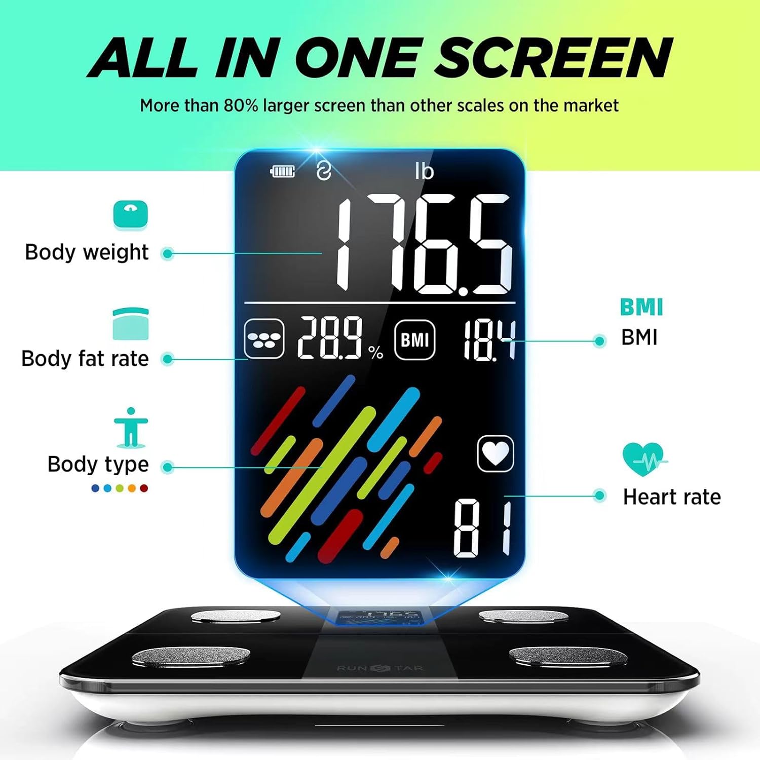 RunSTAR Körperfettwaage mit hoher Genauigkeit, digitale Personenwaage mit großem Display, Personen für 15 Körperzusammensetzungsmetriken, mit App-Synchronisierung, 180 kg/400 lb, Schwarz – Bild 2