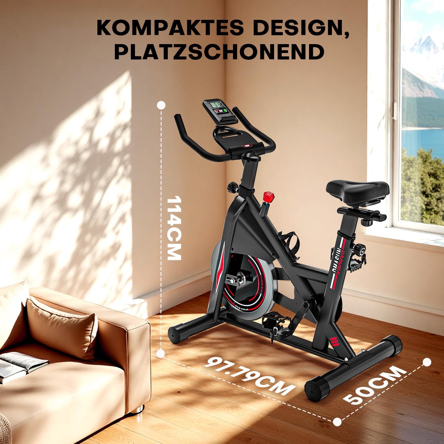 DMASUN Leises Ergometer-Heimtrainer-Fahrrad mit 0-100 % Widerstand, Display & Tablet-Halterung, Cardio-Training-Indoor-Cycling-Fahrrad mit bequemem Sitz, bis zu 160 kg – Bild 8
