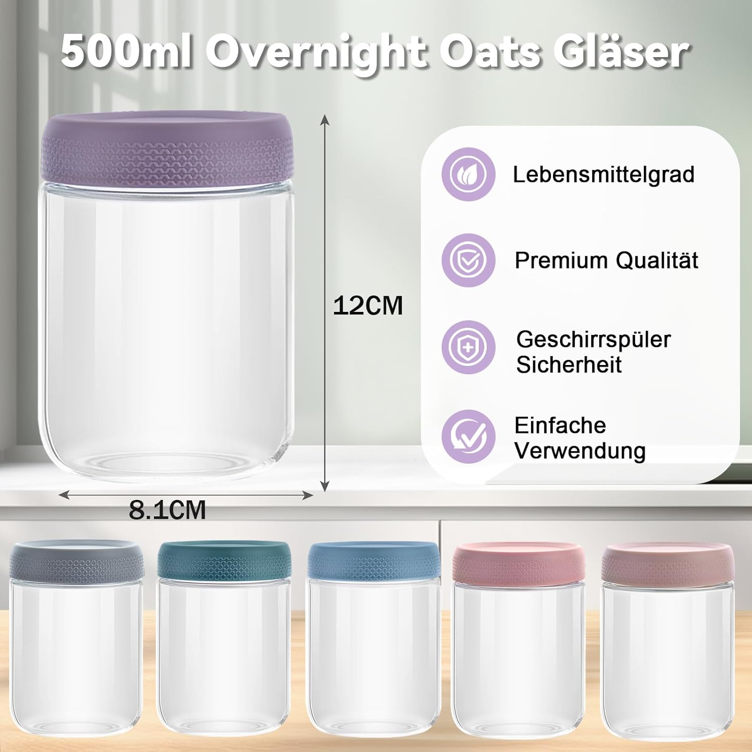 500-ml-Overnight-Oats-Gläser, 6 Stück Meal-Prep-Gläser mit Deckel und Löffel, Weithalsgläser mit Deckel, Joghurt-Snacks, Obst, Salatdressing, Soße, Getreide auslaufsicher – Bild 2