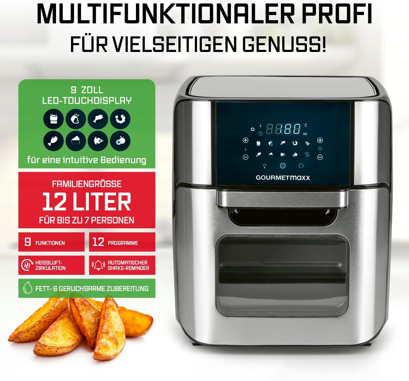 GOURMETmaxx Digitale XXL Heißluftfritteuse 12 Liter | Braten ohne Fett, Zubehör ist spülmaschinenfest | Edelstahldesign, 10 Programme und Timerfunktion (1.800 Watt/Schwarz) – Bild 3