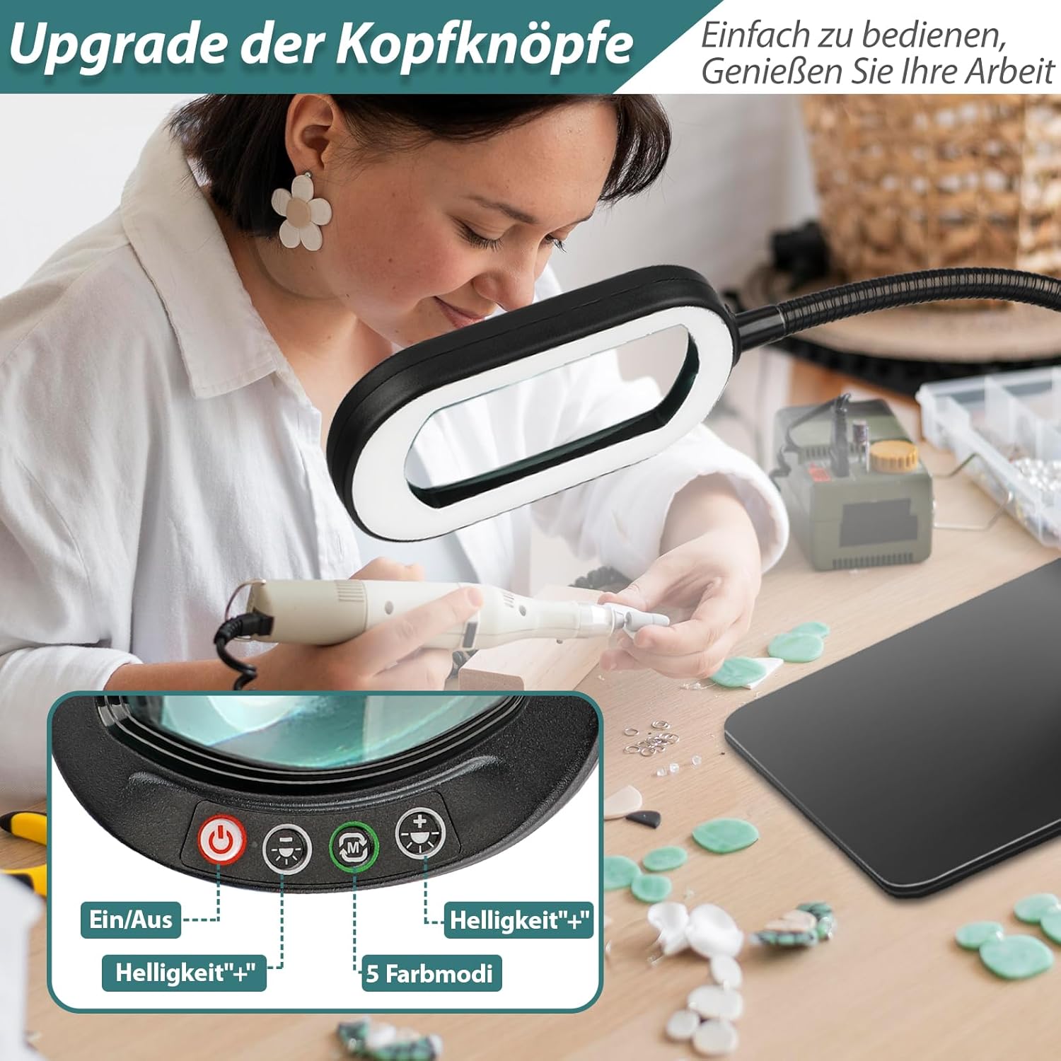 Drdefi 10 x rechteckige Lupe mit Licht und Ständer, Echtglas-Lupenlampe, 5 Farbmodi, stufenlos dimmbar, flexible Schwanenhals-LED-beleuchtete Schreibtischlampe, freihändige Lupenlampe für Lesehobby – Bild 6
