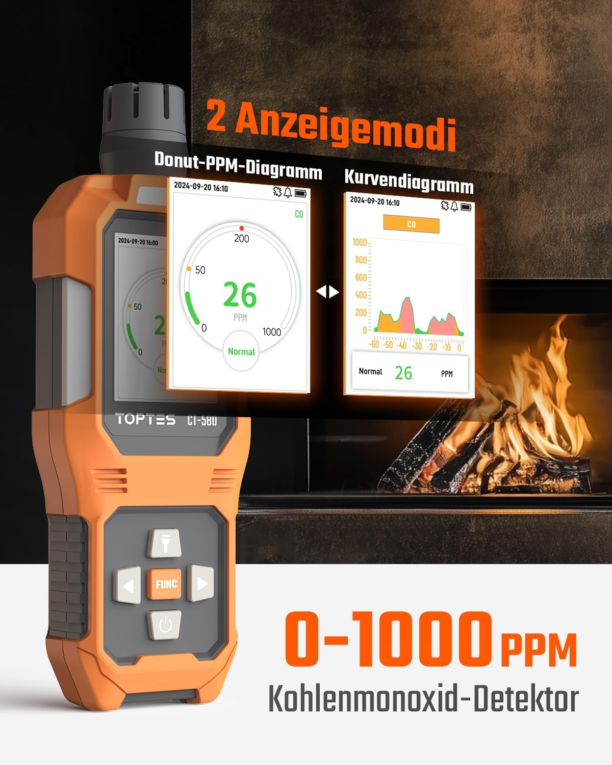TOPTES CT-580 Kohlenmonoxidmelder, wiederaufladbarer CO-Melder mit Vibration, visuellen und akustischen Alarmen, tragbarer CO-Alarm, 0–1000 ppm, TFT-Farbdisplay für Zuhause, Auto, Camping und Reisen – Bild 3