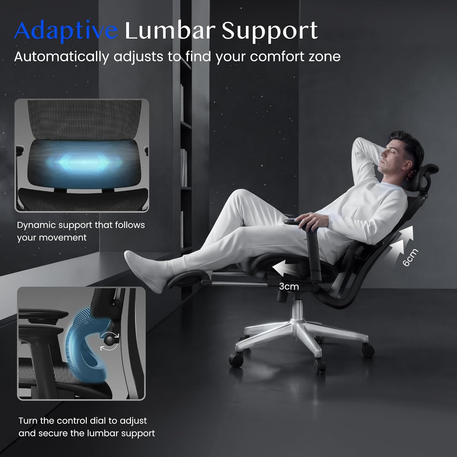 FLEXISPOT ErgoX Ergonomischer Bürostuhl, Schreibtischstuhl mit Fußstütze, 3D-Armlehnen, 3D-Kopfstütze, 5D-Rückenlehne, atmungsaktiver Sitz, 136 kg maximale Belastbarkeit, Schwarz – Bild 4