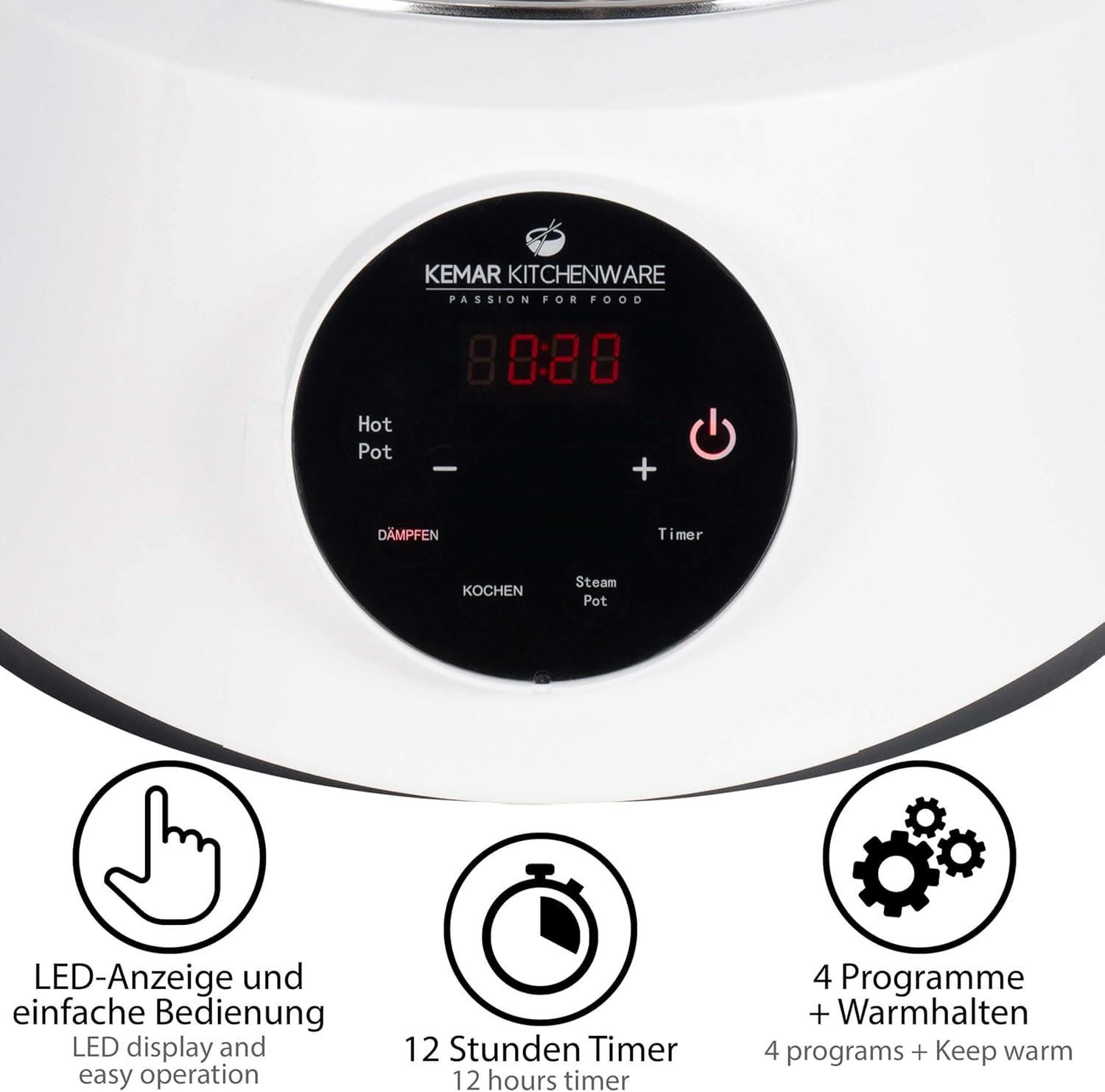 KFS-3000 Dampfgarer, Hot Pot, Fondue mit Touch-Display, 3 Dampfkörbe aus Edelstahl, 4 Programme, Timer, Dampfgarer (KFS-3000 Standardversion) – Bild 4