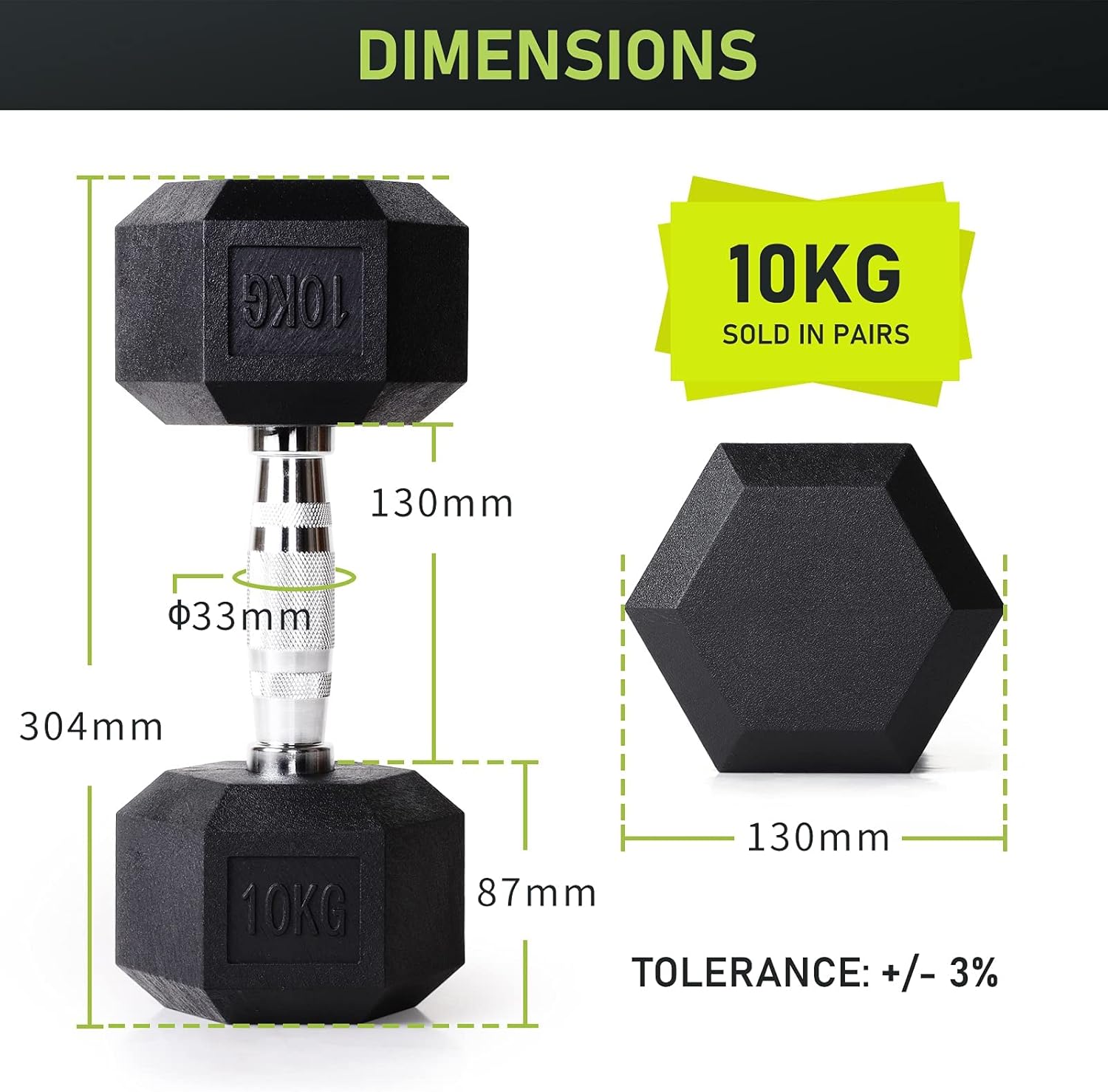 PhysKcal Hexagon-Hanteln, polygummiert, 2,5–20 kg, rutschfest beschichtet, ergonomische verchromte Griffe, Hantel-Set, Kurzhantel-Set – Bild 6