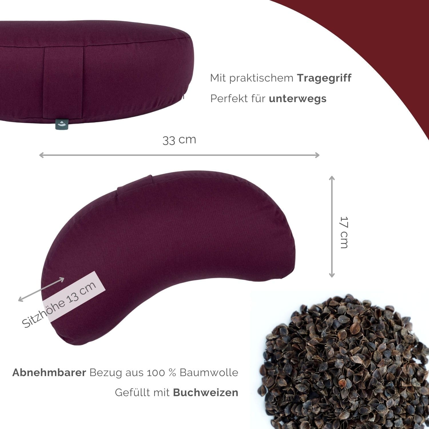 Bodhi Meditationskissen Halbmond Mini | Yogi Moon Eco | Bezug aus 100 % Bio-Baumwolle | Yogakissen halbmondförmig mit Buchweizenfüllung | Halbmondkissen für Yoga & Meditation | Aubergine – Bild 3