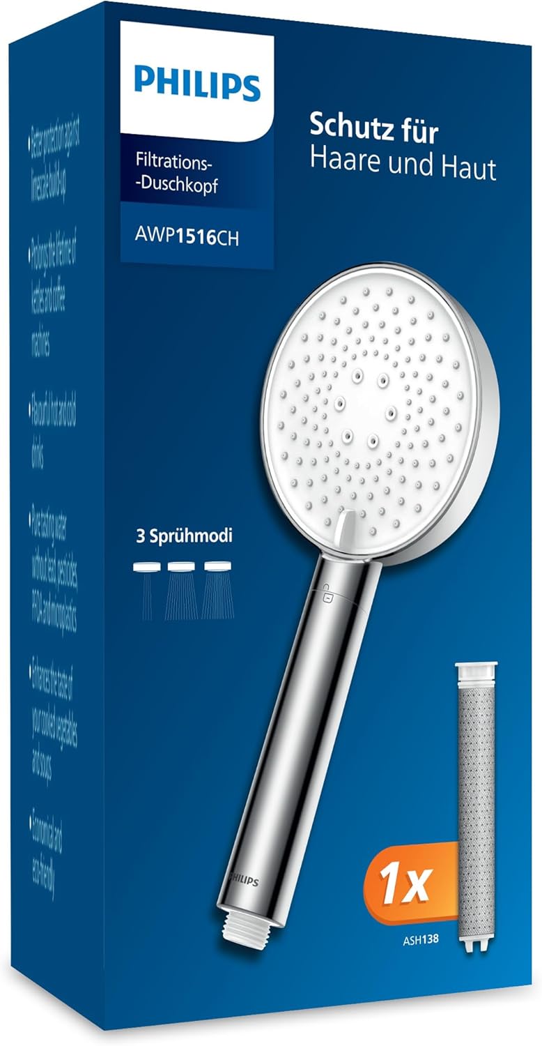 Philips Wasserduschkopf mit Filter, entfernt effektiv Chlor und andere große Partikel, drei Sprühmodi, Druckverstärkungsdesign, 1 Monat Filterkapazität, Chrom