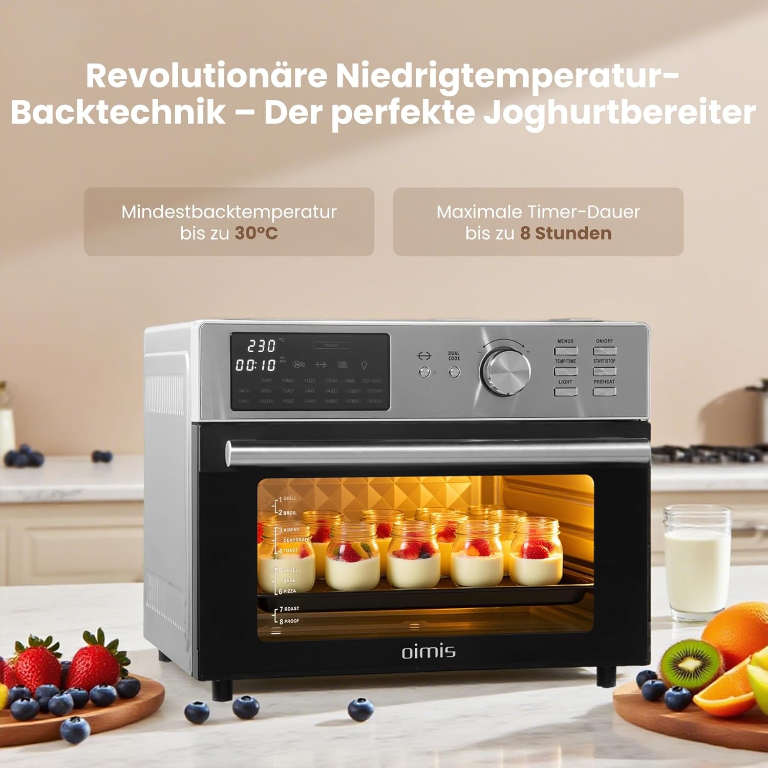 Heißluftfritteuse XXL 1800 W, 30 °C – 230 °C Luftfritteuse, großes Fassungsvermögen für Familie mit Tür, Drehspieß, Grill, Joghurtbereiter, Toaster, Dörrgerät mit Dual Cook (Silber) – Bild 3