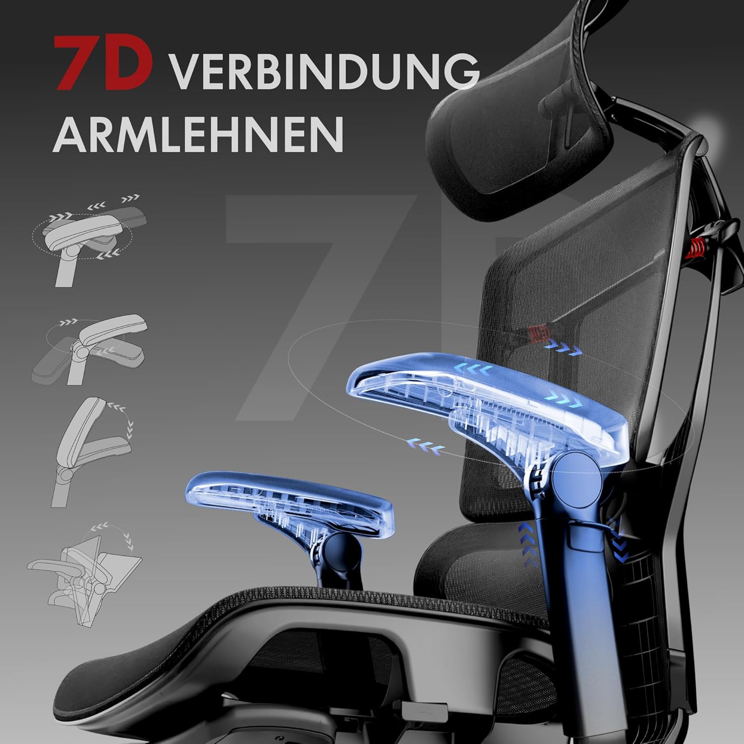 FLEXISPOT ErgoX Pro Ergonomischer Bürostuhl mit ausziehbarer Fußstütze, 12-stufige Höhenverstellung, 7D-Armlehnen, 5D-Lendenwirbelstütze, 4D-Kopfstütze, 250 kg Tragkraft, Netzsitz, Schwarz – Bild 4