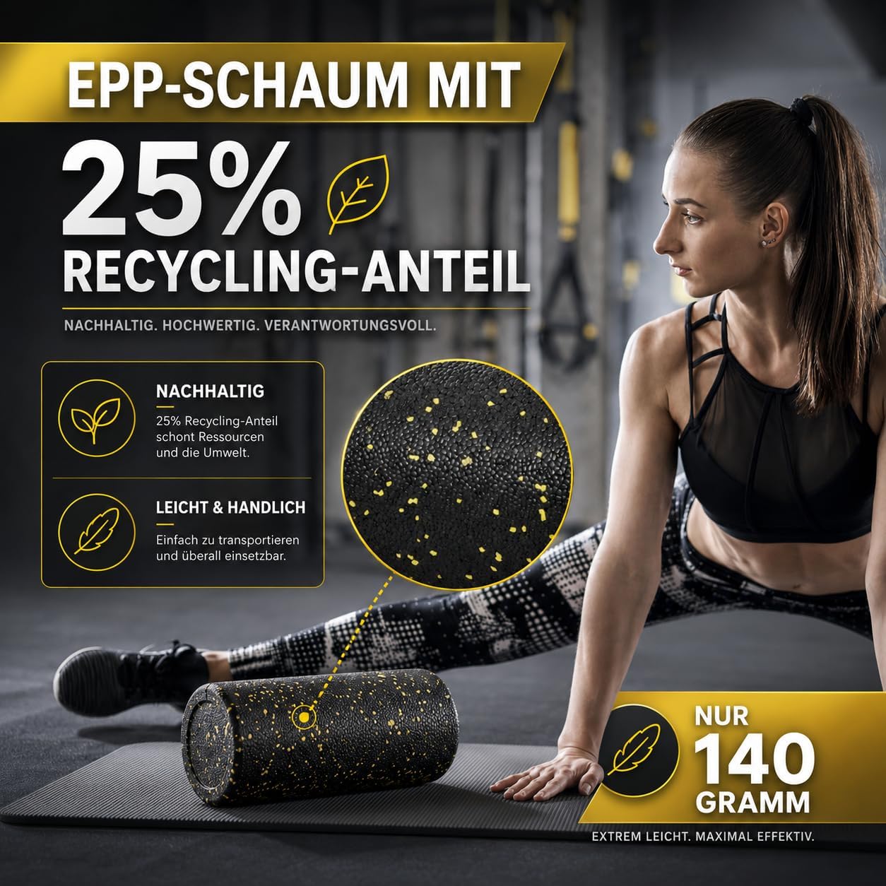 Faszienroller aus Schaumstoff mittelhart I 30 x 15 cm große Rückenmassagerolle mit 25 % Recyclinganteil I Rückenrolle I Schwarze Schaumstoffrolle – Bild 5