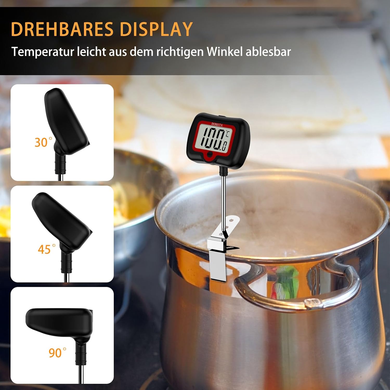 BOMATA 20 cm langes Sondenthermometer mit Topfklammer, drehbarem Display und hochpräziser Sofortablesung, geeignet für Kerzen, Flüssigkeiten, Kochen, Grillen usw. Schwarz – Bild 3