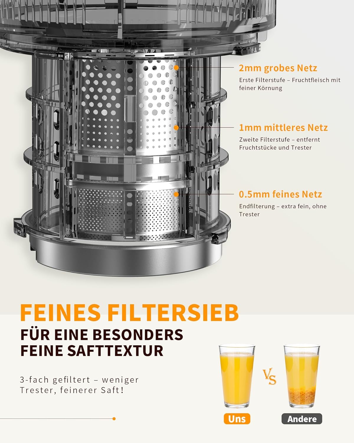 Entsafter, Slow Juicer mit 130 mm breitem Einfüllrohr für ganzes Gemüse und Obst, Testsieger, Tritan BPA-frei, 220 W elektrischer Entsafter, leicht zu reinigender Entsafter, inklusive Saftrezepten – Bild 7