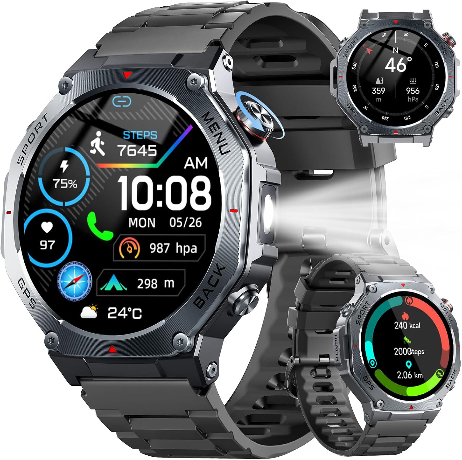 Smartwatch Herren GPS, 1,43"AMOLED Militär Fitnessuhr mit Bluetooth Anrufe, Kompass 160+ Sportmodi, 5ATM Wasserdicht, 24/7 Herzfrequenz, Schlafmonitor, Schrittzähler, Sportuhr Outdoor Android für iOS