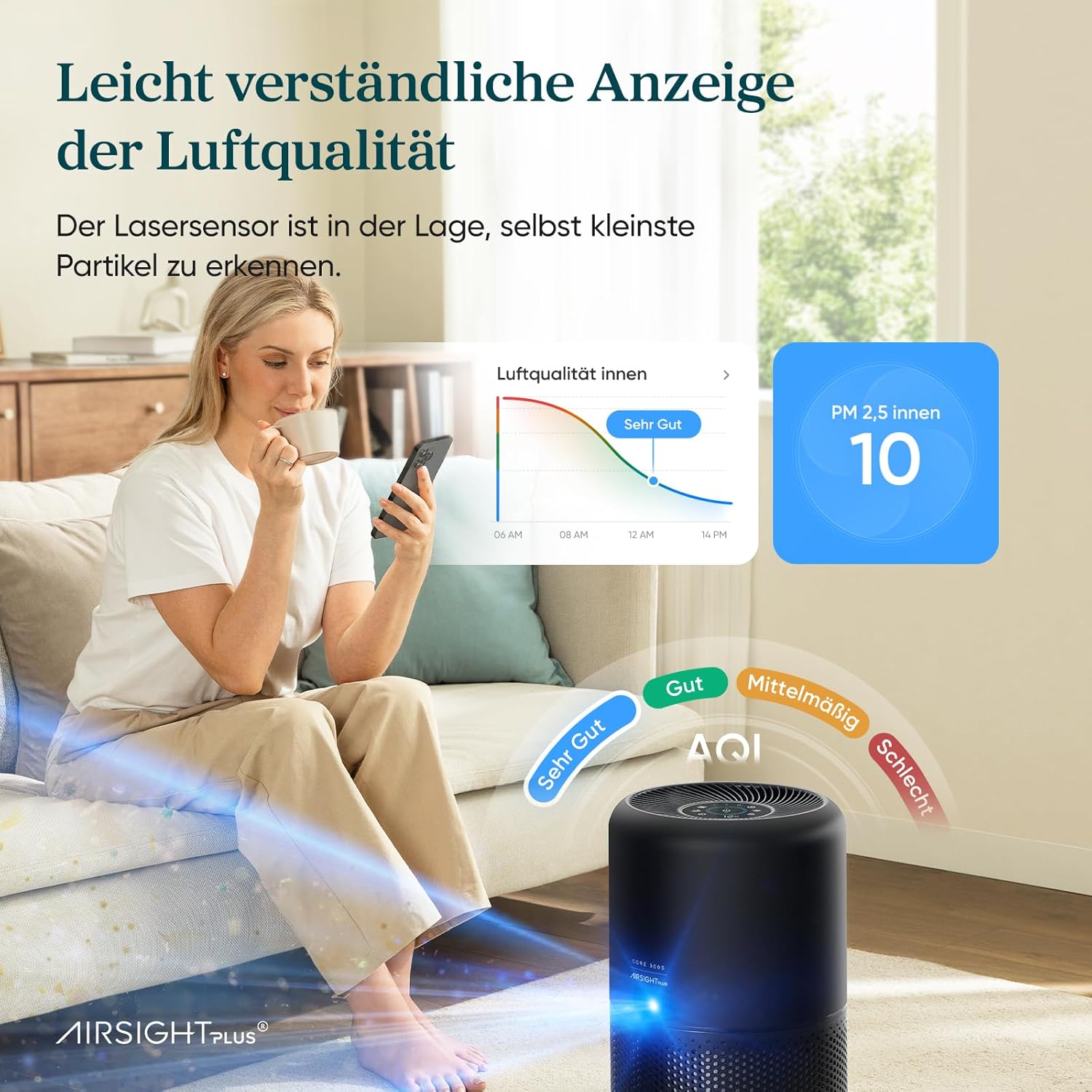 Levoit Luftreiniger mit HEPA-Luftfilter, CADR 258 m³/h für bis zu 54 ㎡ Raucherzimmer, 99,97 Prozent Schimmelstaub, Pollen, Tierhaare, Luftreiniger mit Luftqualitätsanzeige und Auto- und Schlafmodus, Schwarz – Bild 2