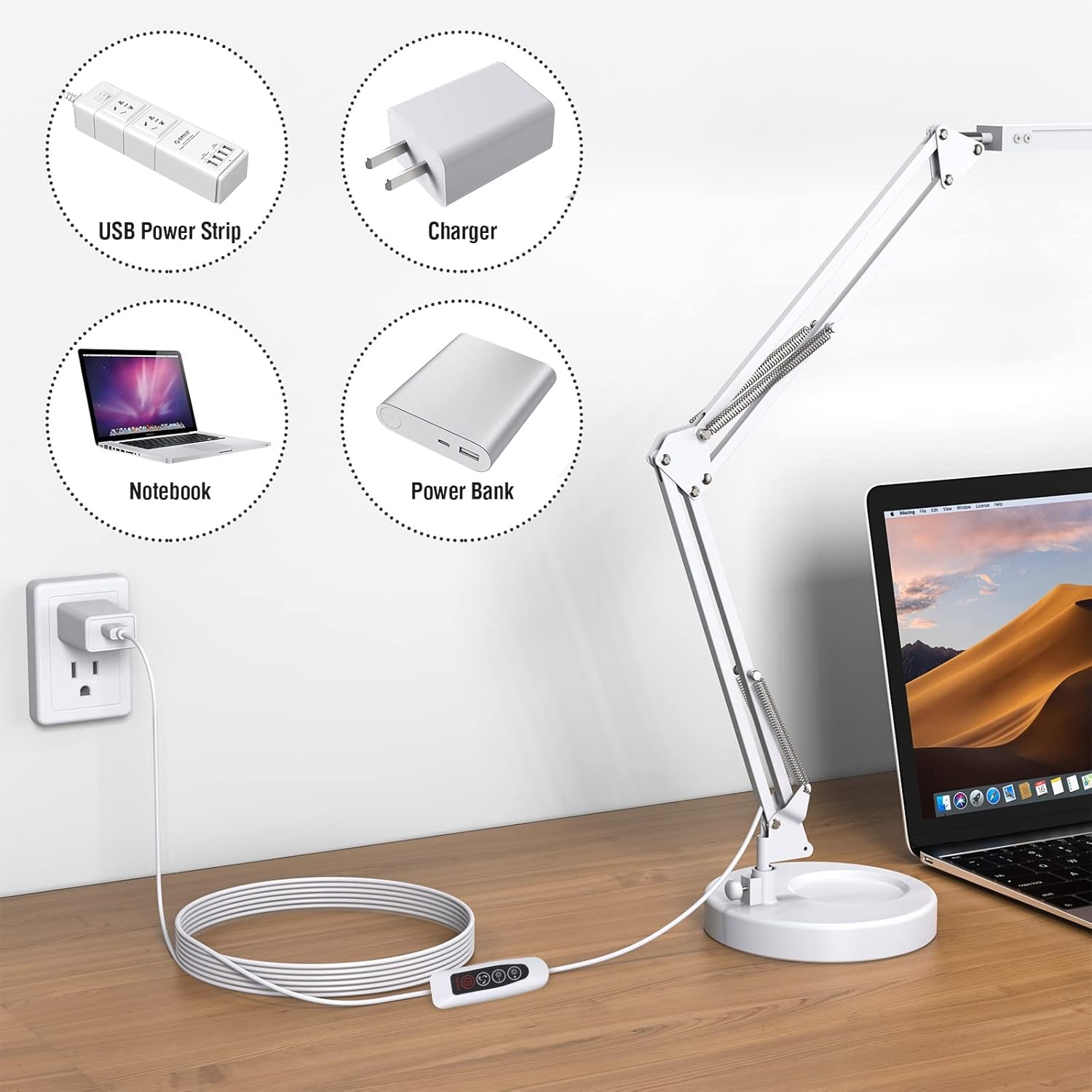 SKYLEO Schreibtischlampe dimmbar – Tischlampe mit Clip und Sockel – Augenschutz-LED-Schreibtischlampe – 3 Lichtmodi x 10 Helligkeitsstufen – Weiß – Bild 4