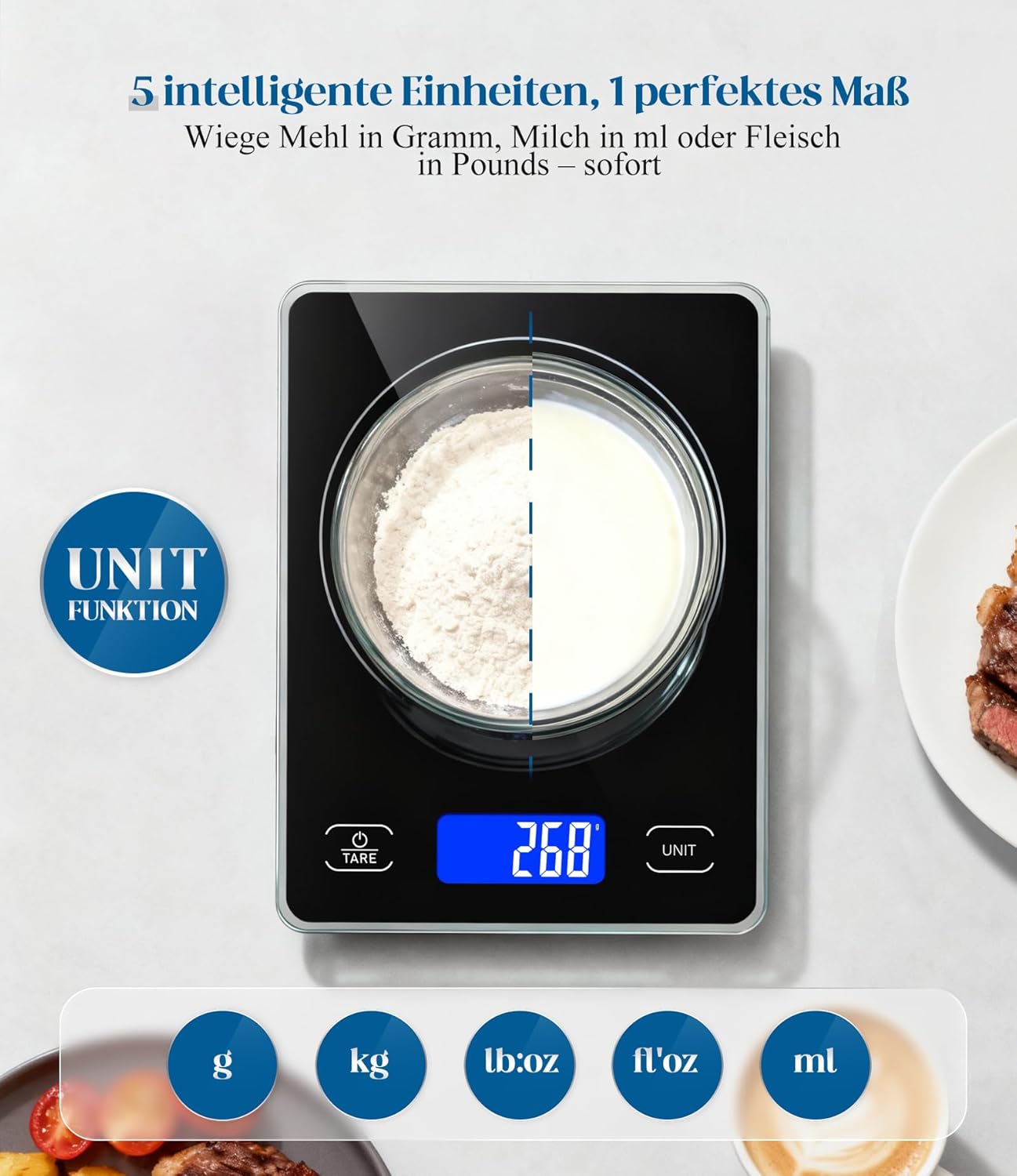 Digitale Küchenwaage mit 15 kg Tragkraft, 5 Einheiten in g/ml/fl'oz, Präzise Küchenwaage mit großem Display, Dual Power (USB-C/Batterie), 1 g hohe Präzision, Tara-Sicherheitsglas zum Backen, Kochen – Bild 6