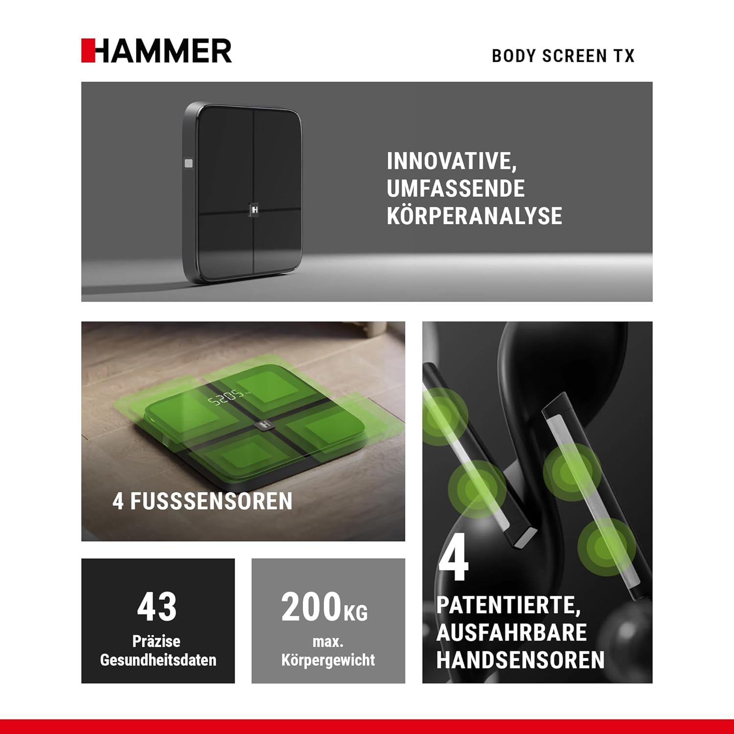 HAMMER Körperanalysewaage Body Screen TX in Schwarz – Körperwaage mit 43 Gesundheitsdaten, Körperfettwaage mit 8 Sensoren, innovative, segmentale Körperanalyse, Waage mit App und Bluetooth – Bild 6