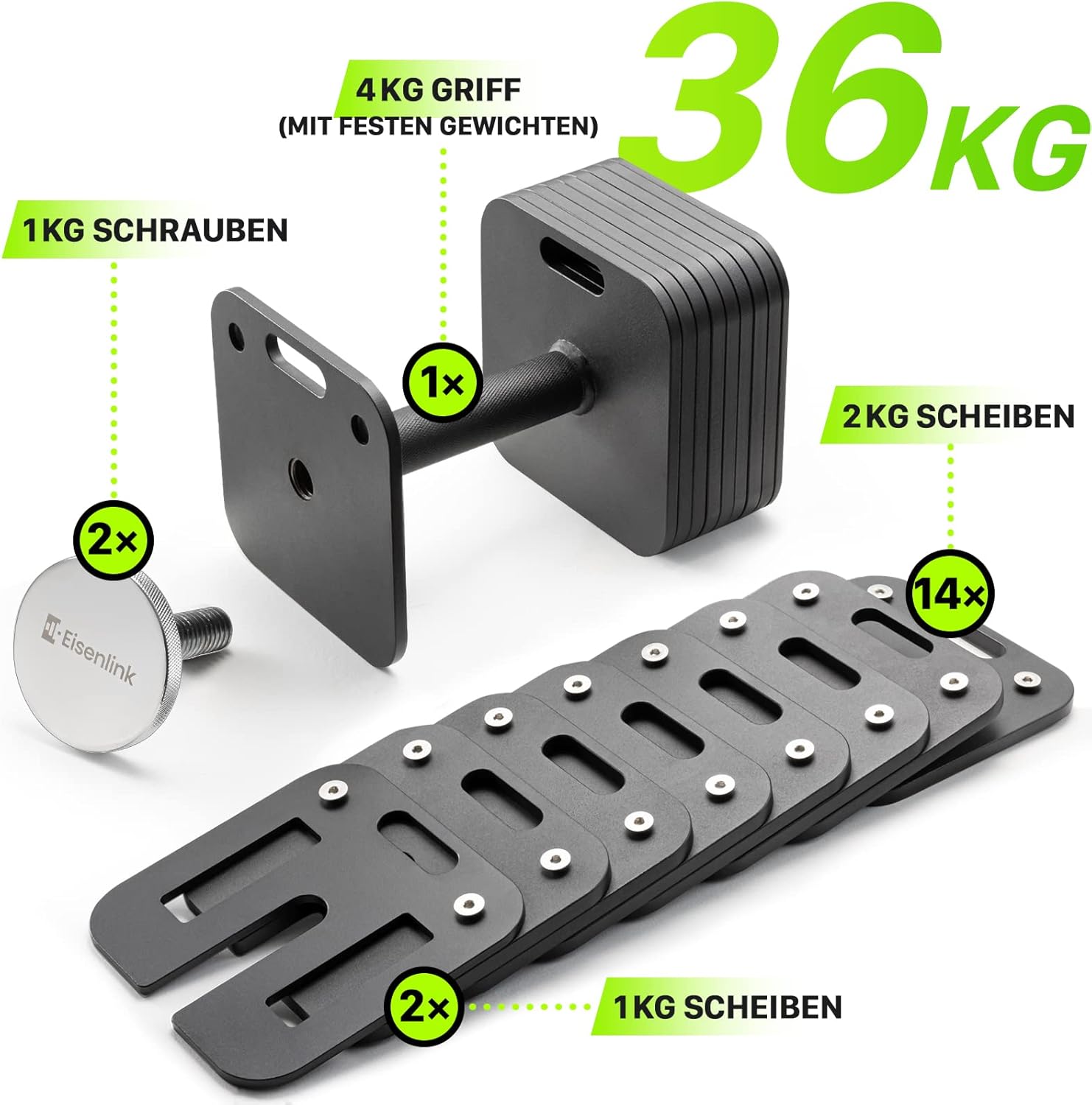 Eisenlink Verstellbare quadratische Hantel, 1 Stück, 20 kg, 36 kg, innovative, ultrakompakte, verstellbare Hantel mit rutschfestem Griff für Fitnesstraining, Fitnessstudio, Zuhause – Bild 4